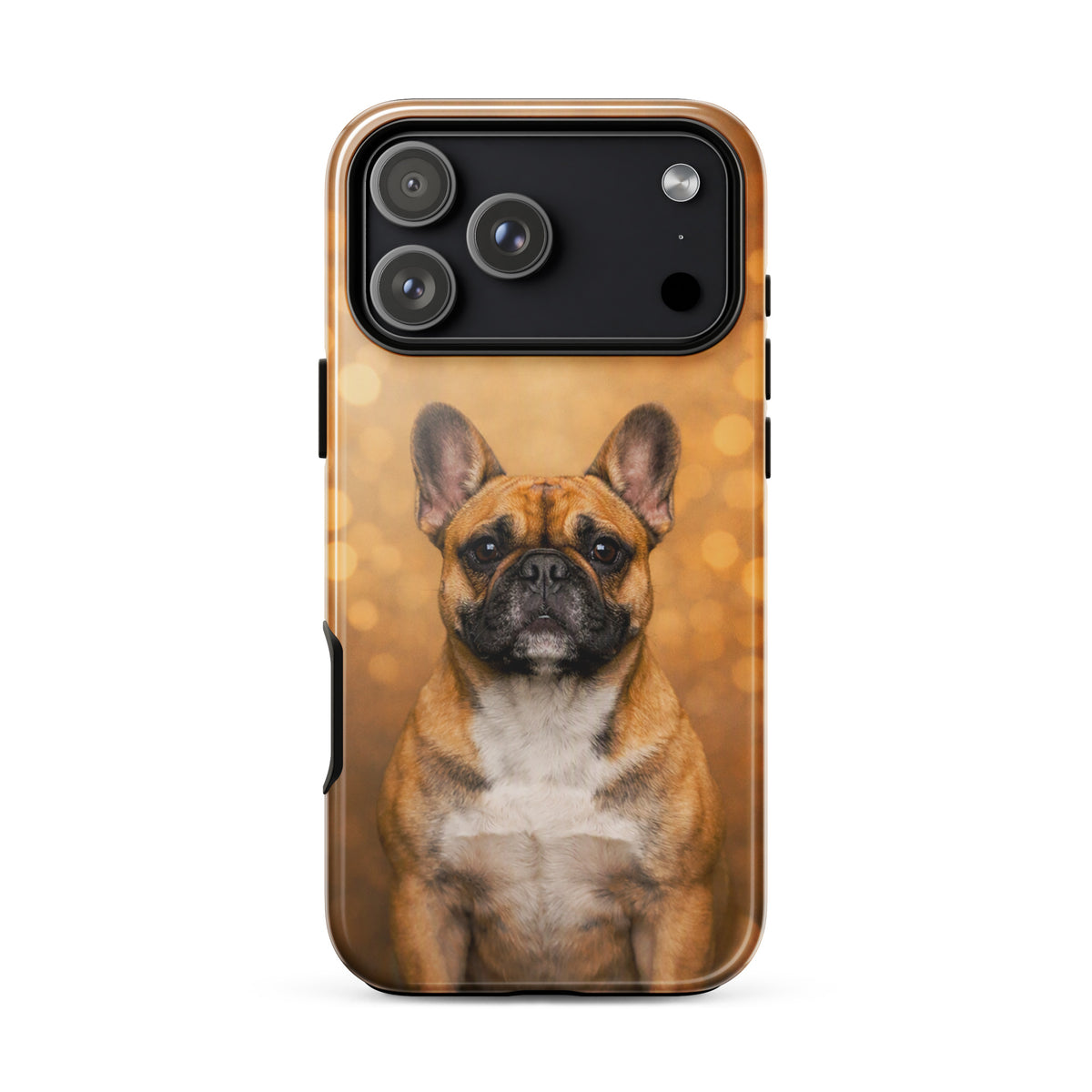 Phone Case for iPhone featuring a French Bulldog portrait with warm golden bokeh, adding charm and character to your device.