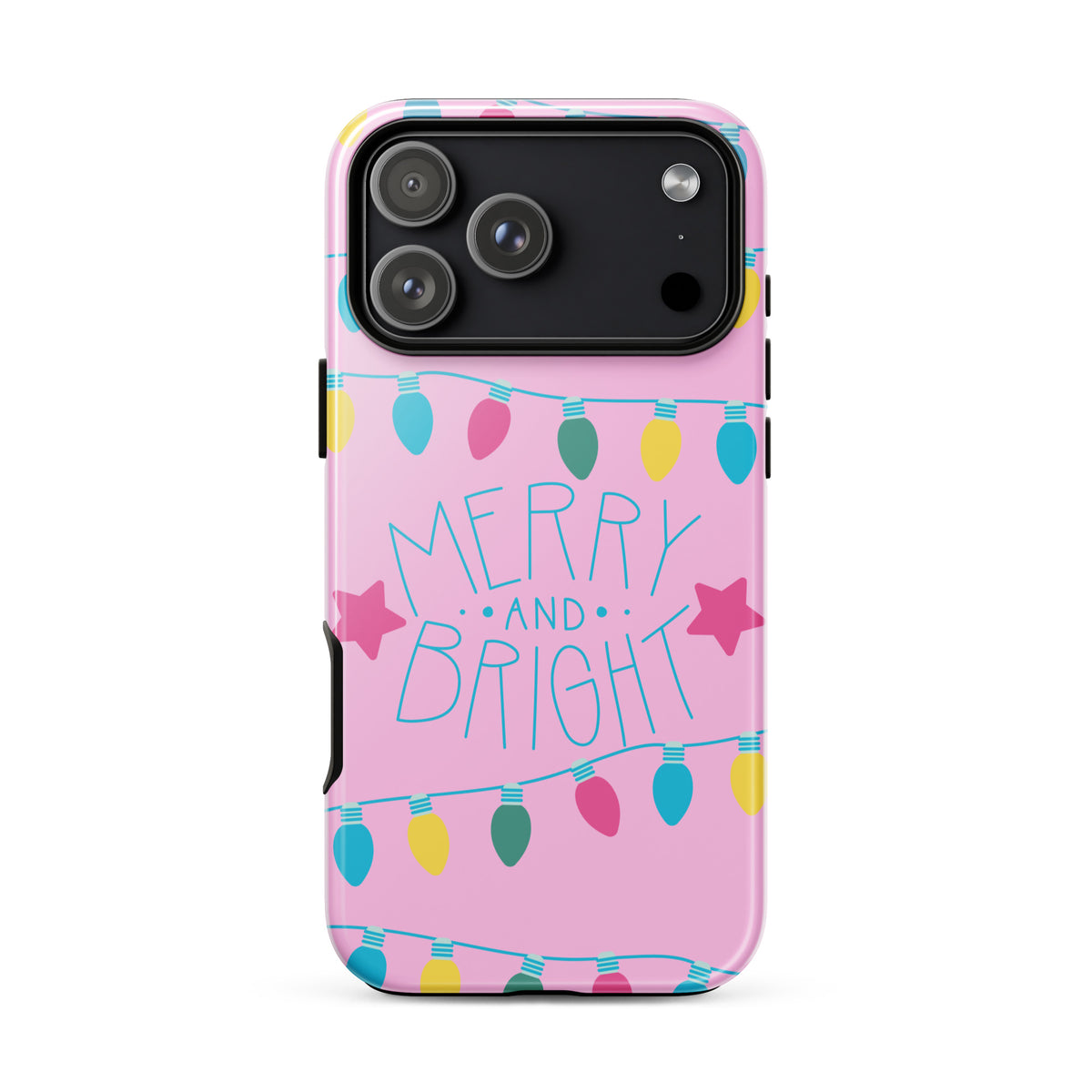 Phone Case for iPhone with 'Merry and Bright' design, festive lights, and pink background for a cheerful holiday look.