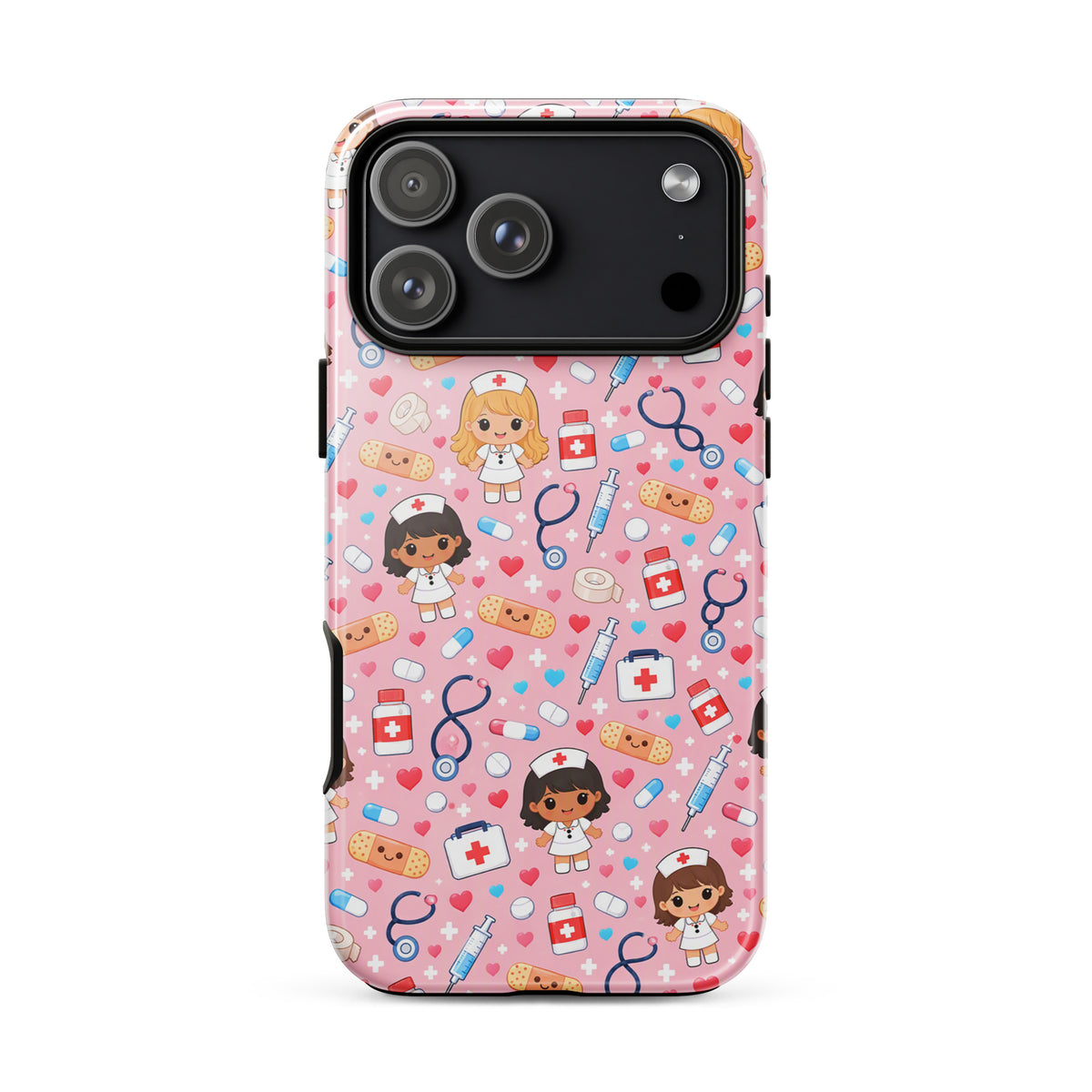 Phone Case for iPhone with cute kawaii nurse medical pattern on pink background.