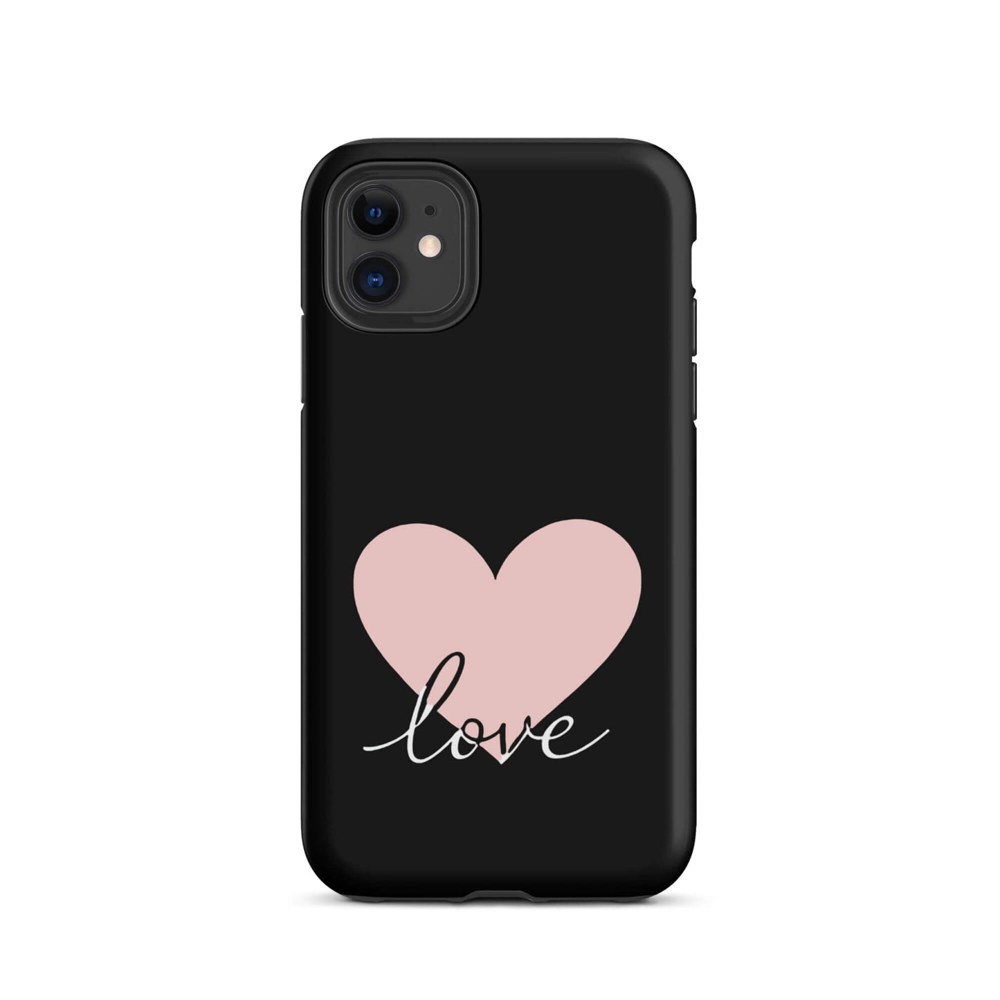 Phone Case for iPhone featuring a pink heart and script love design on a black background.