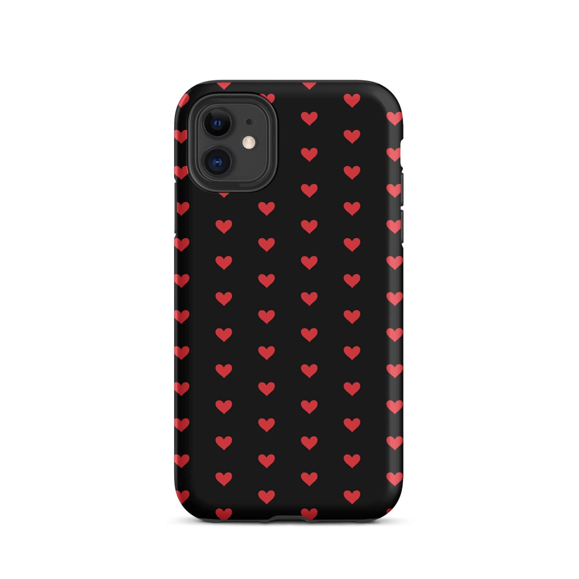 Phone Case featuring a pattern of fiery red hearts on a black background, ideal for bold protection.