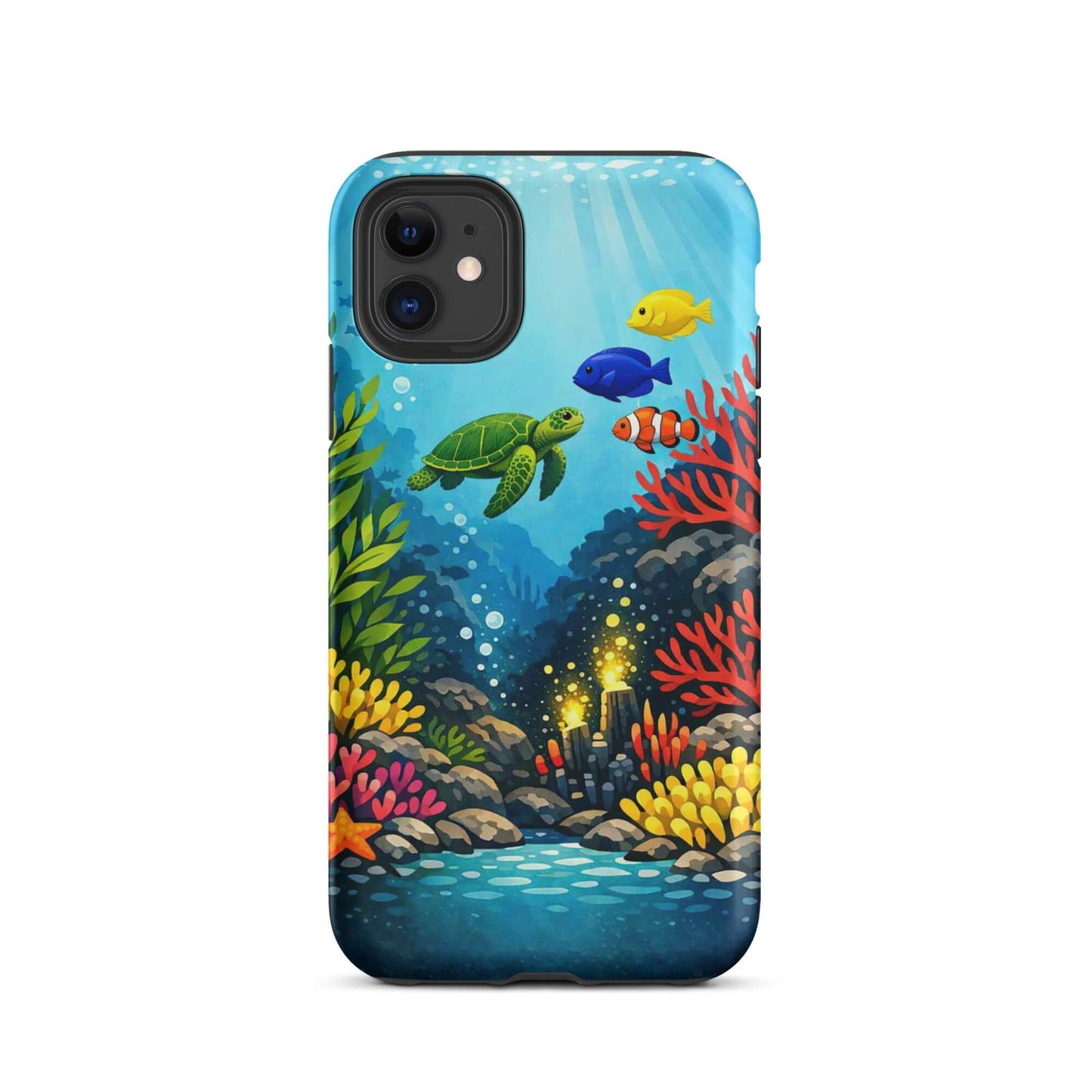 Colorful phone case for iPhone featuring a sea turtle and coral reef design.