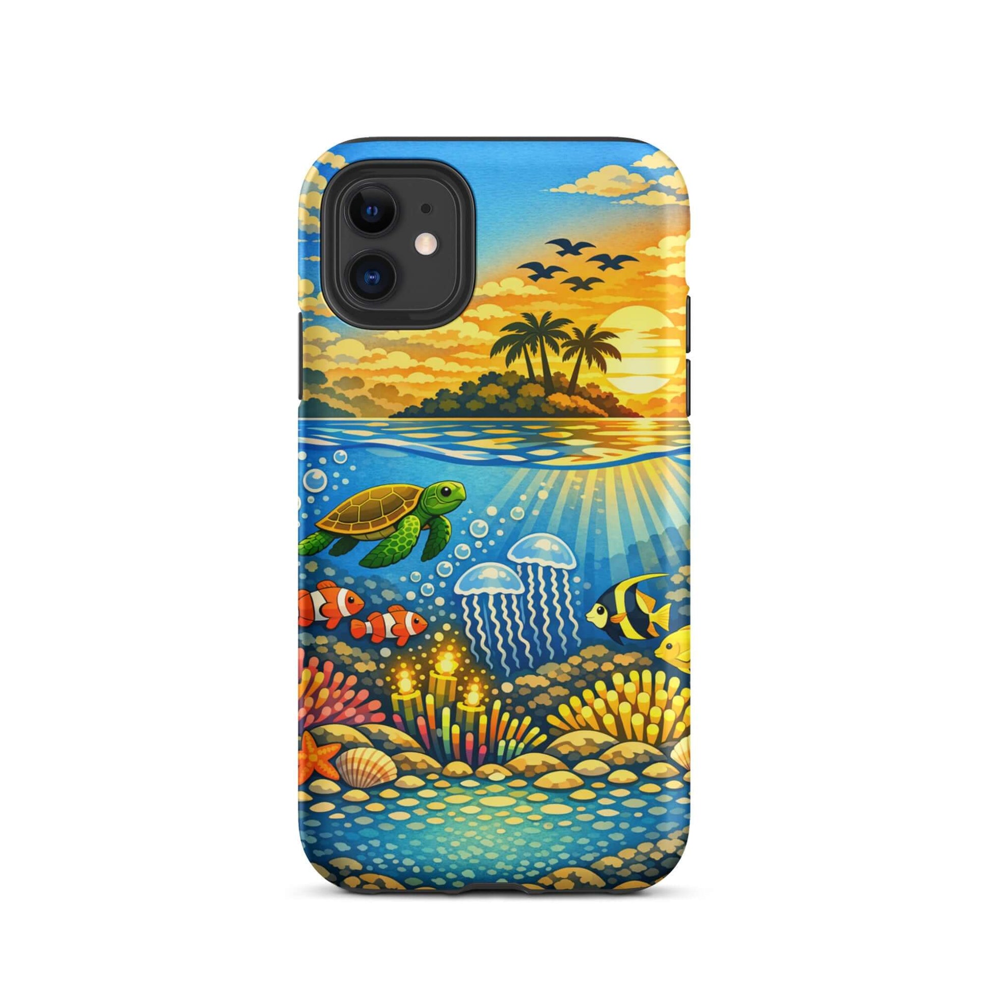 Phone Case featuring a vibrant tropical sunset and colorful underwater reef scene with marine life.