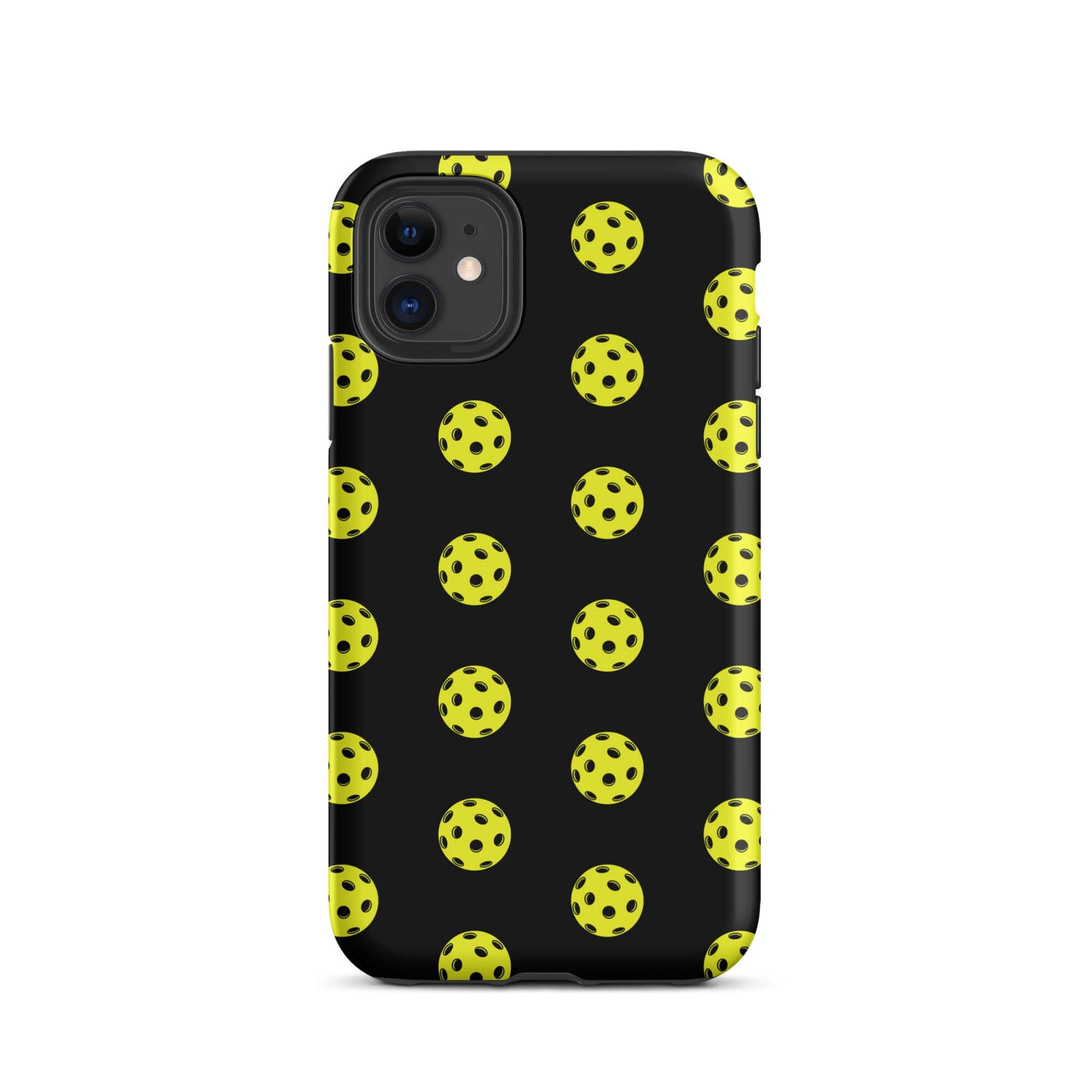 Phone Case for iPhone featuring a playful pickleball pattern on a black background.