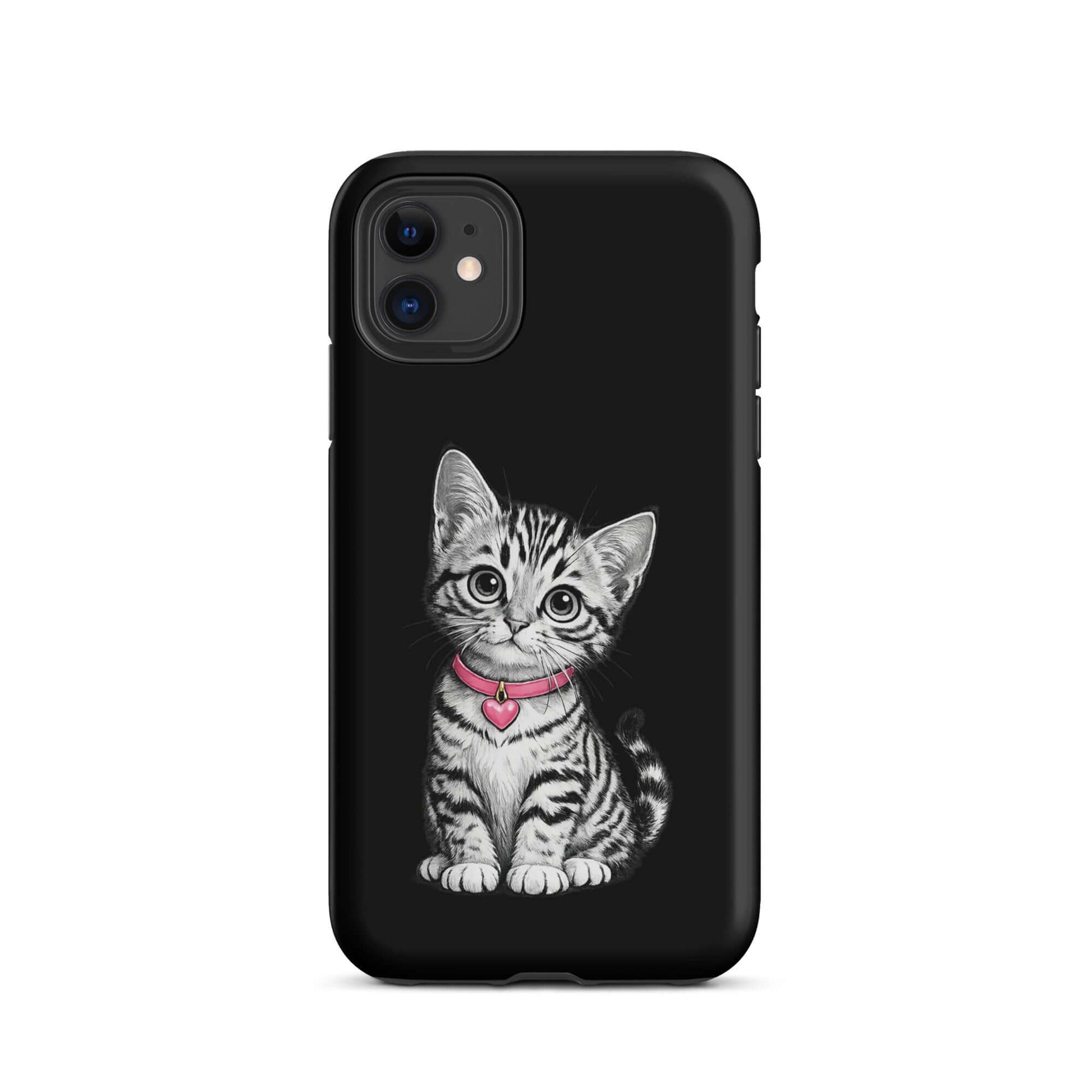 Phone Case with pencil sketch kitten and pink heart charm for iPhone.