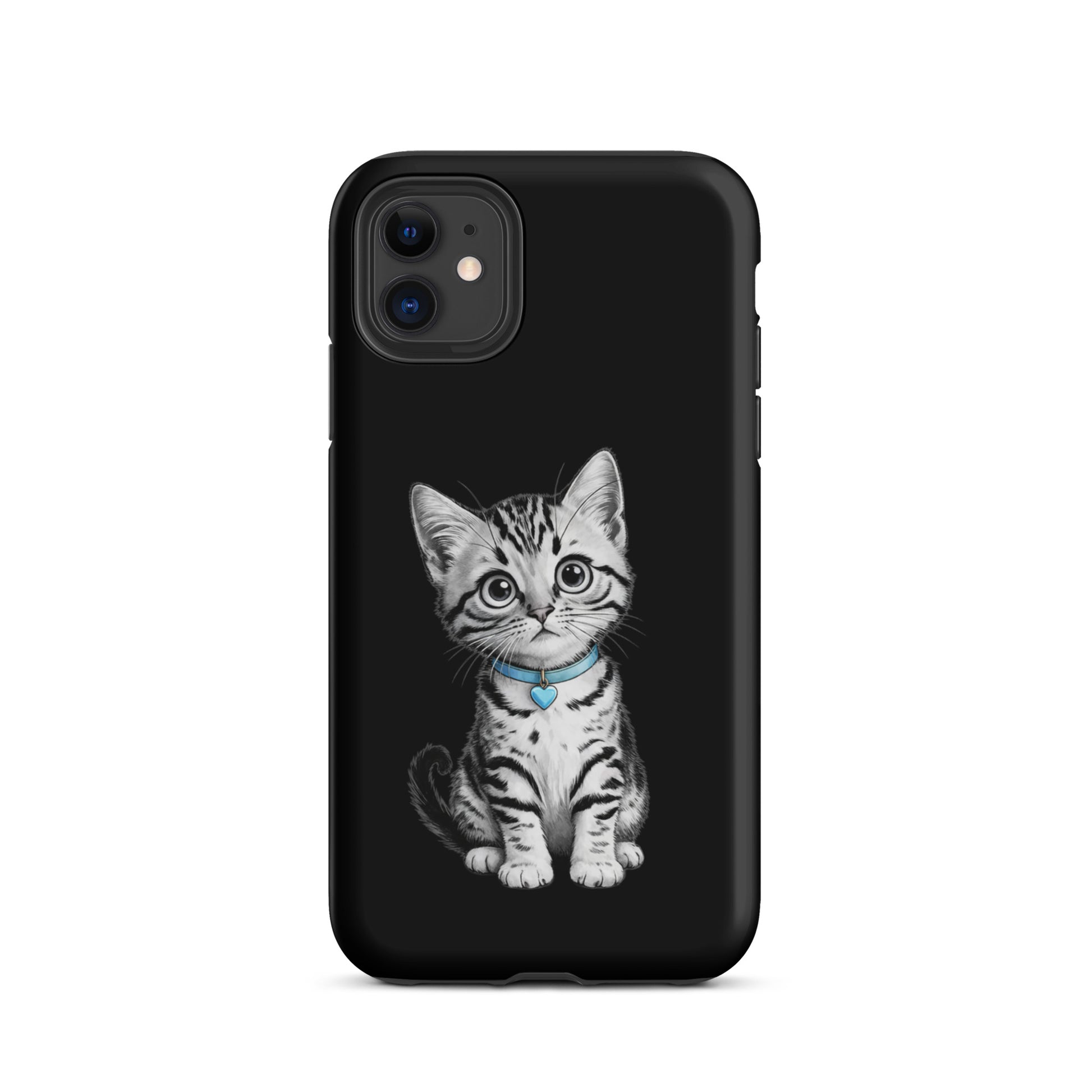 Phone Case with black and white kitten sketch and blue heart charm for iPhone.