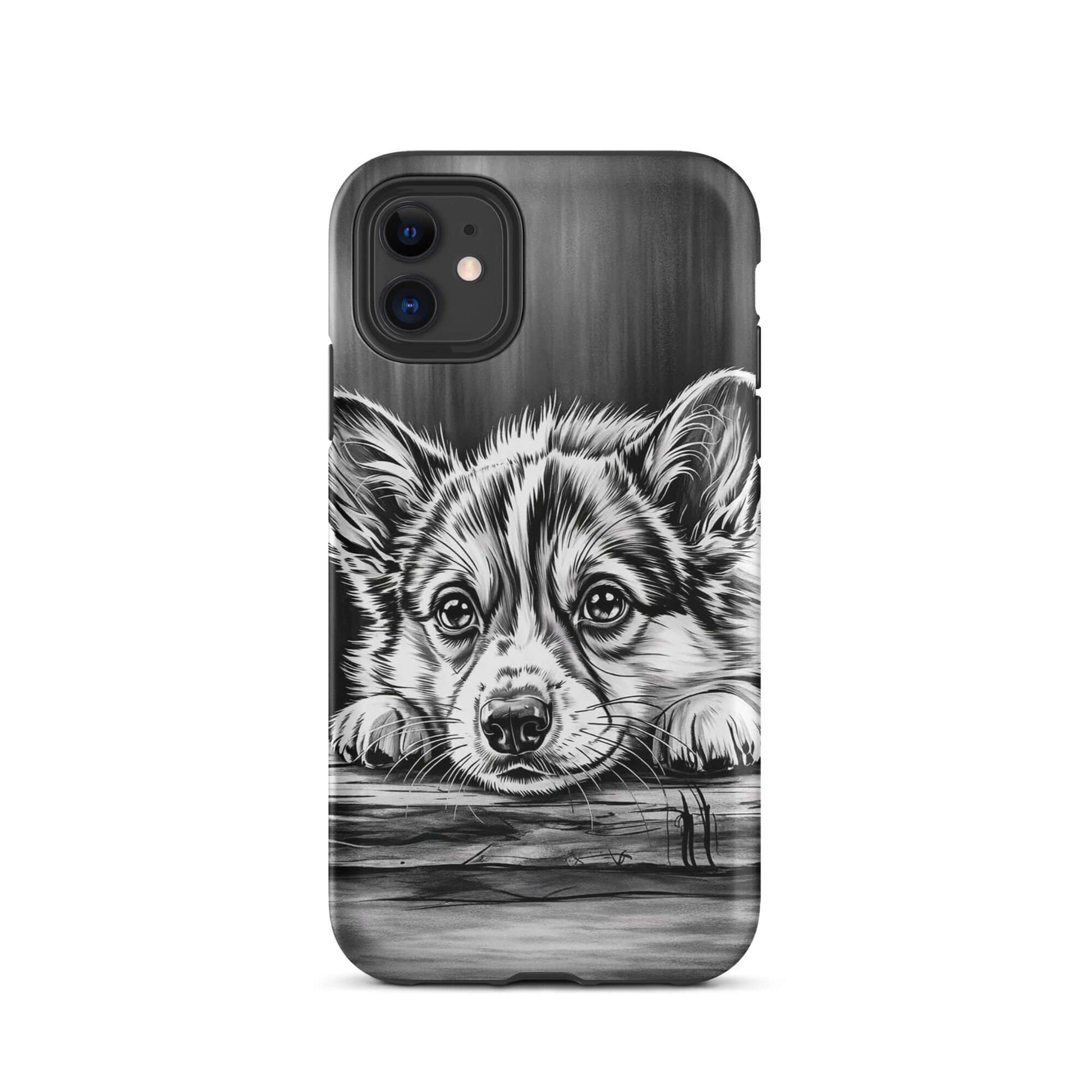 Phone Case for iPhone with elegant black-and-white puppy art and protective design resting on aged wood.
