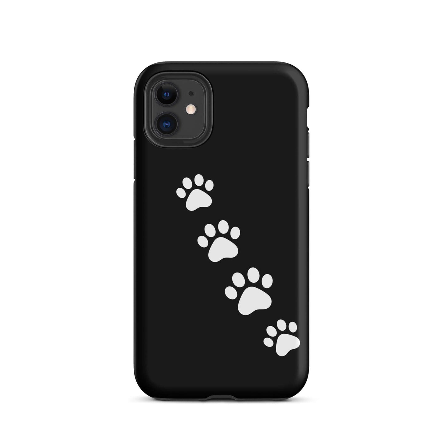 Phone case with paw print trail design for pet lovers, featuring white paw prints on a black background for iPhone.