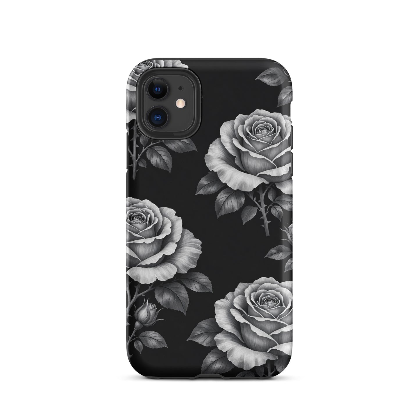 Phone Case for iPhone featuring pencil-stencil style roses on black; Rose Garden Tough Case adds floral charm and elegance.