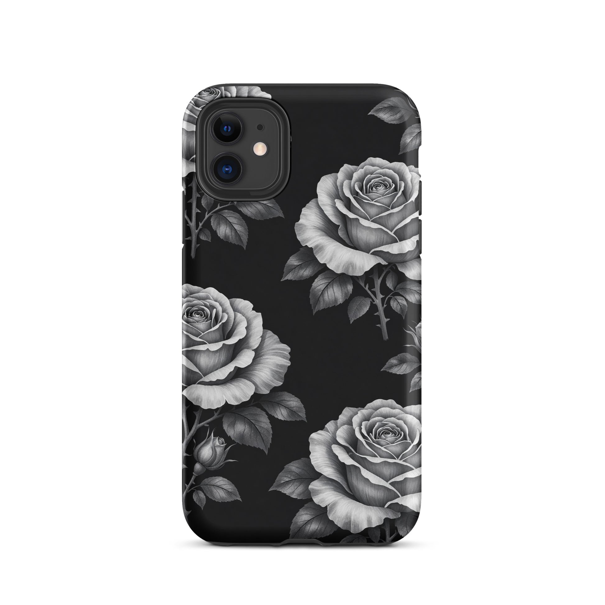 Phone Case for iPhone featuring pencil-stencil style roses on black; Rose Garden Tough Case adds floral charm and elegance.