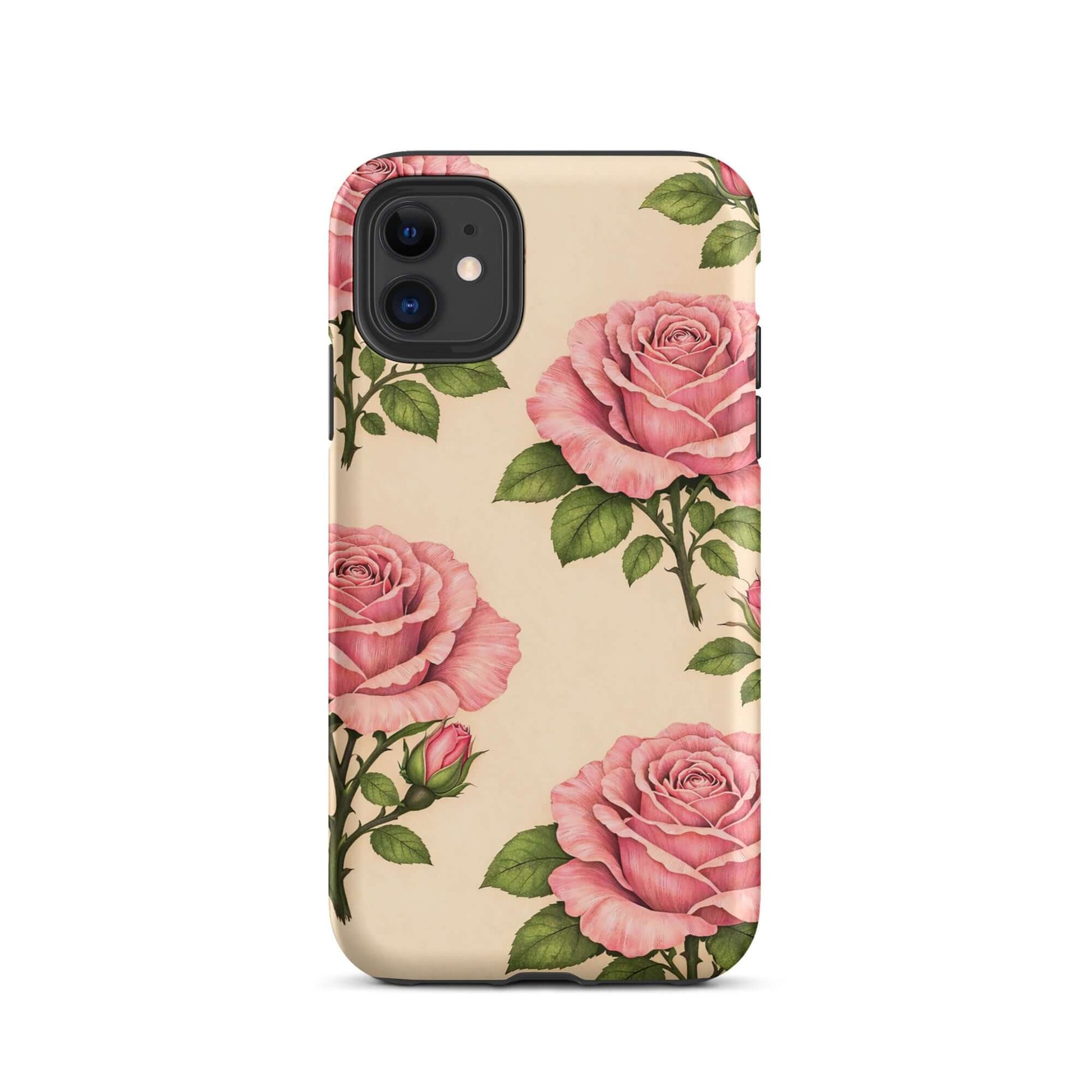 Phone Case featuring pink roses and green leaves on a warm cream background for iPhone, showcasing floral elegance and everyday protection.