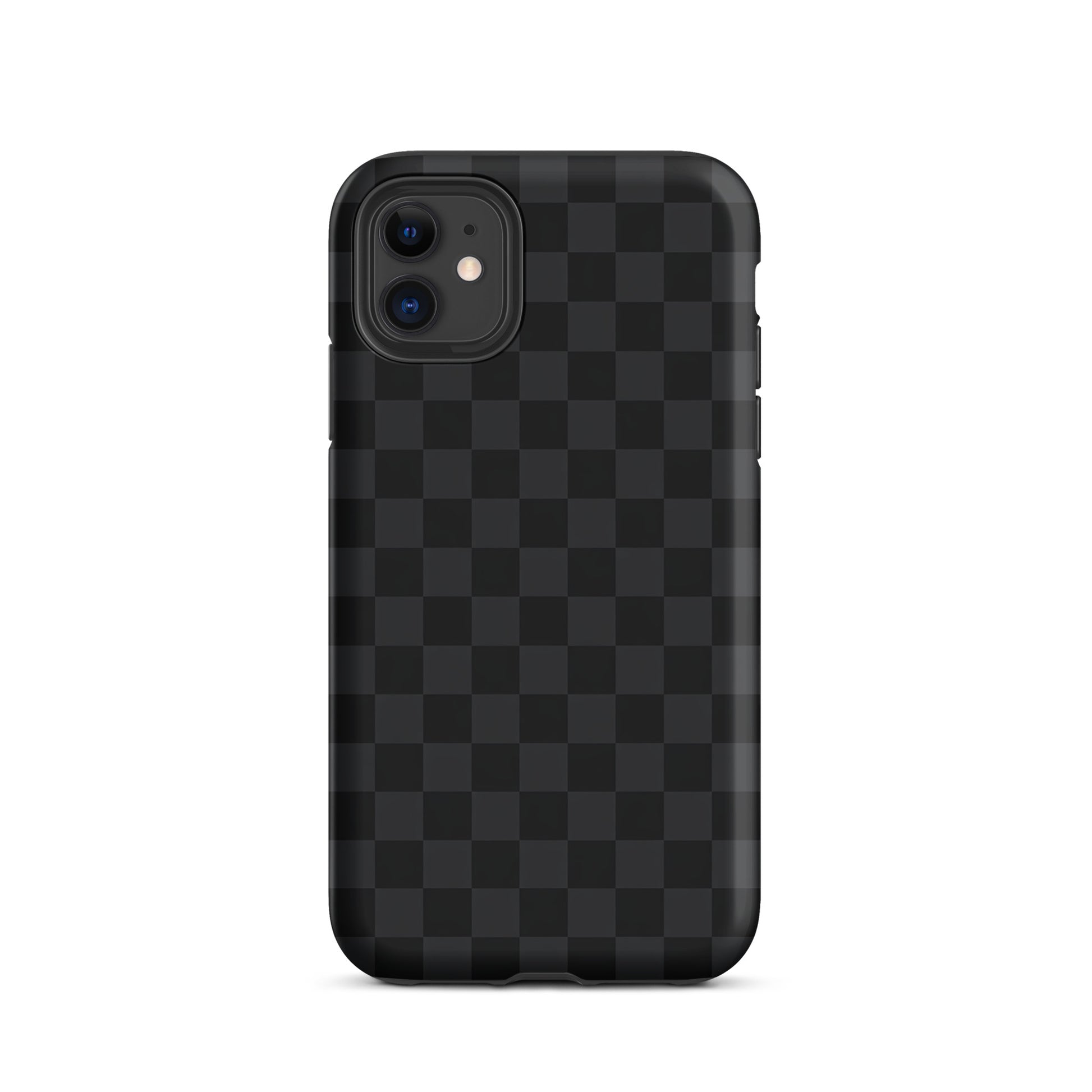 Phone Case for iPhone in black and charcoal checkered design, modern minimalist style, protection and sophistication combined.