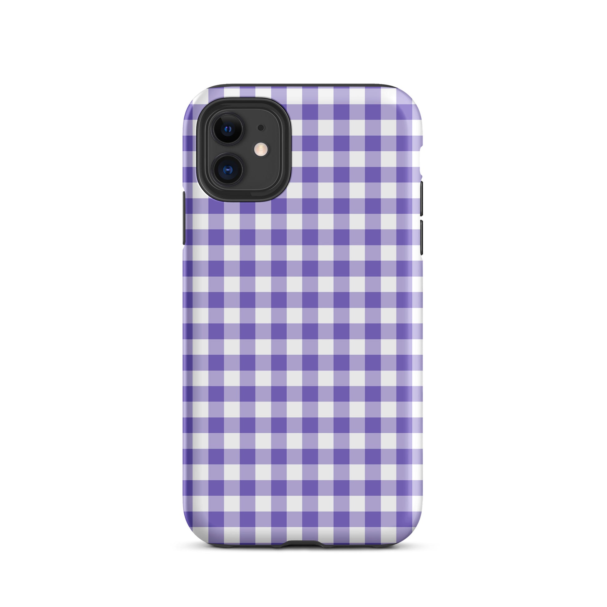 Phone Case with purple and white gingham pattern, blending style and protection for iPhone users.