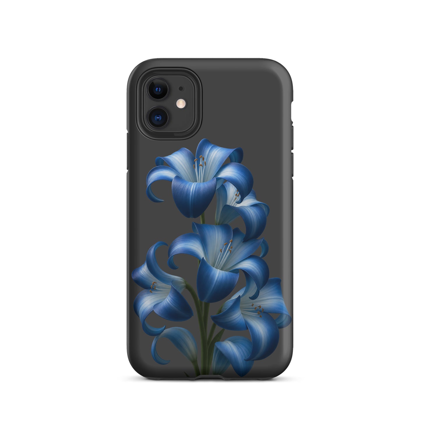 Phone Case featuring blue lily bloom art on a durable iPhone cover with a dark background
