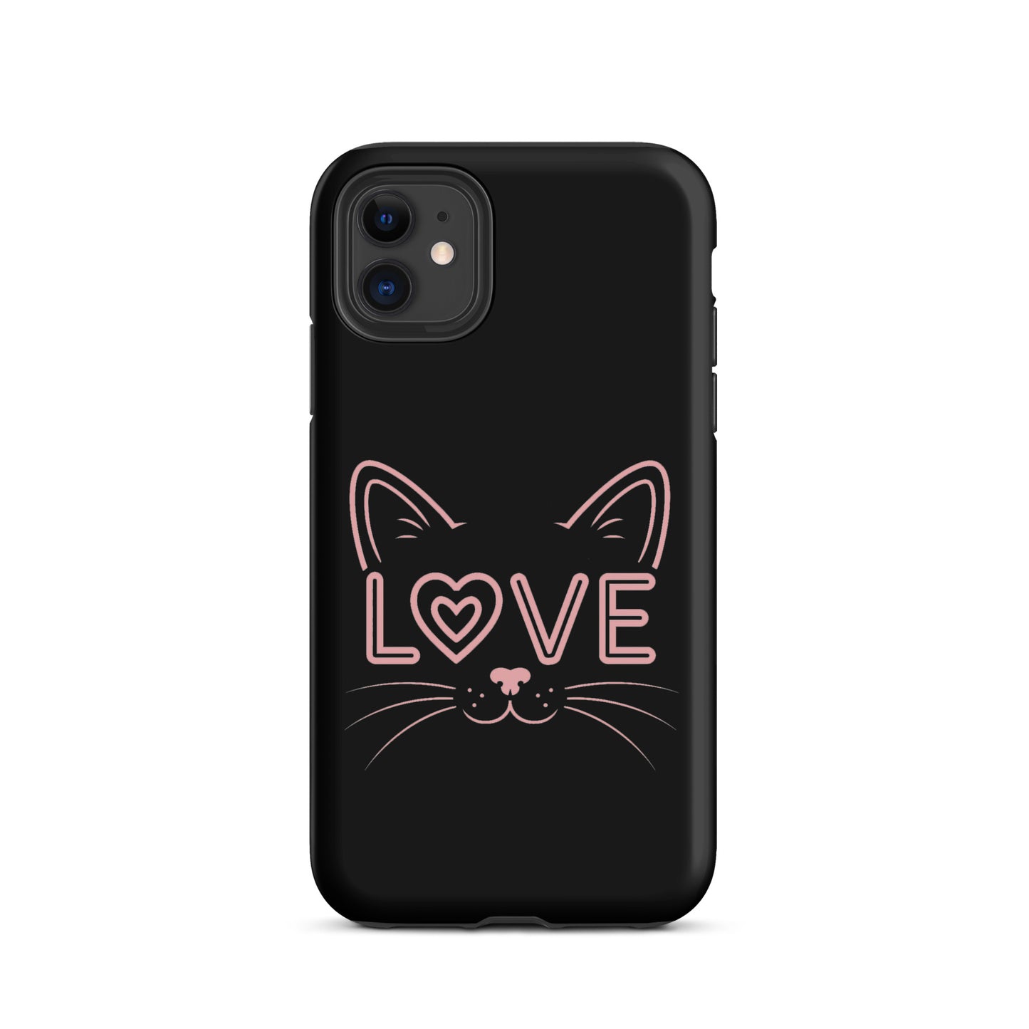 Cat Love phone case for iPhone with minimalist cat face design and "love" text, stylish black cover for feline enthusiasts.