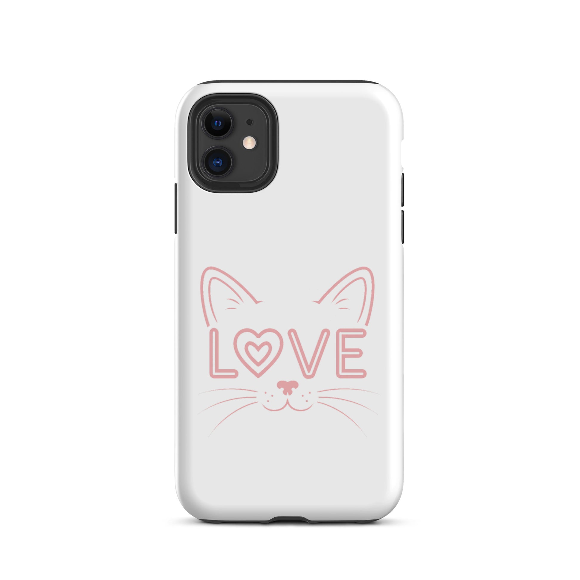 Cat Love iPhone case with minimalist cat face and 'love' design, perfect for feline enthusiasts. Stylish and protective phone accessory.