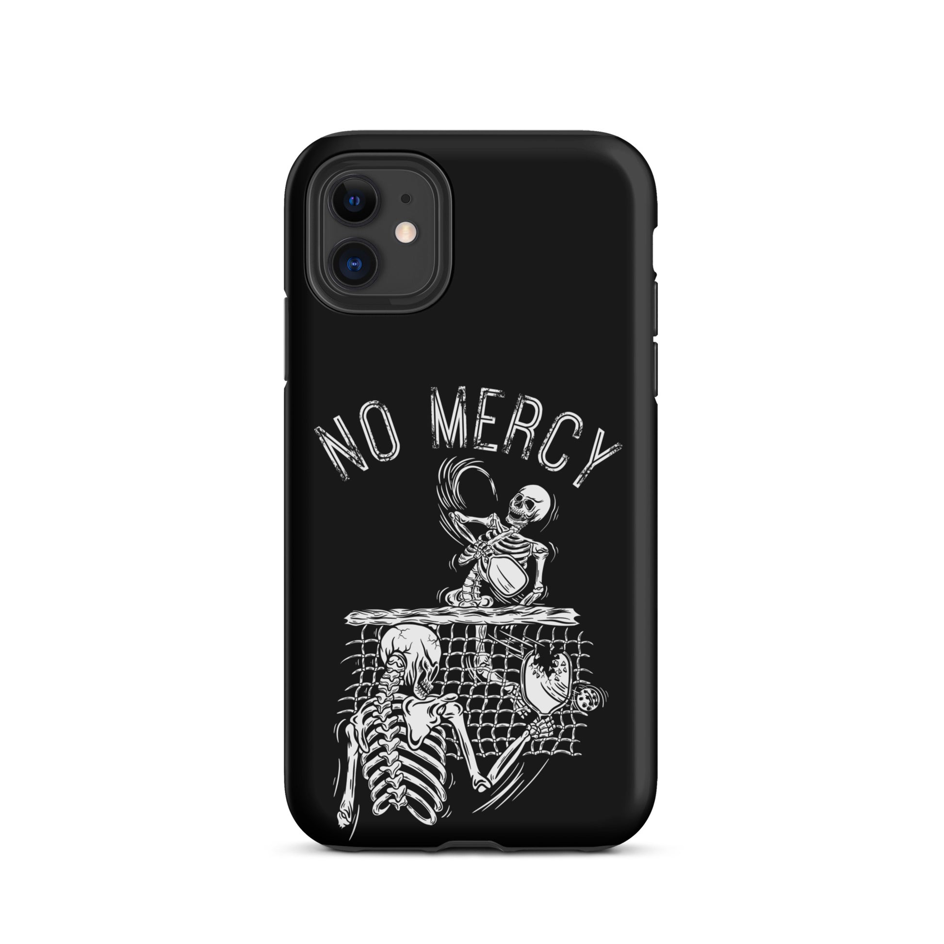 Pickleball iPhone case with 'No Mercy' skeleton design for players who dominate the court.