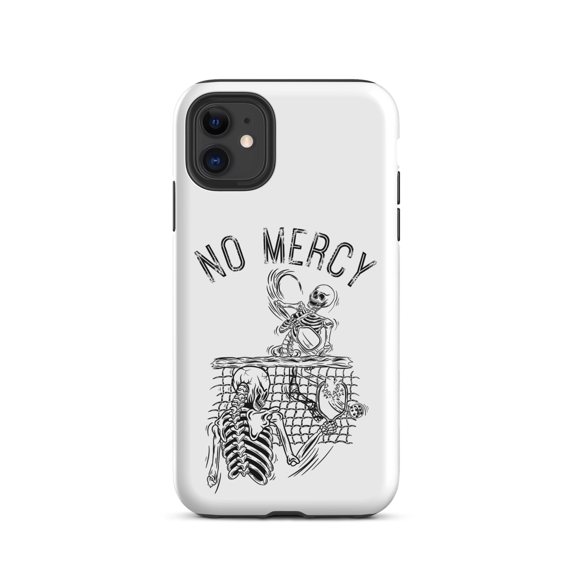 Pickleball iPhone case with skeleton design and 'No Mercy' slogan, showcasing intense gamer spirit and phone protection.