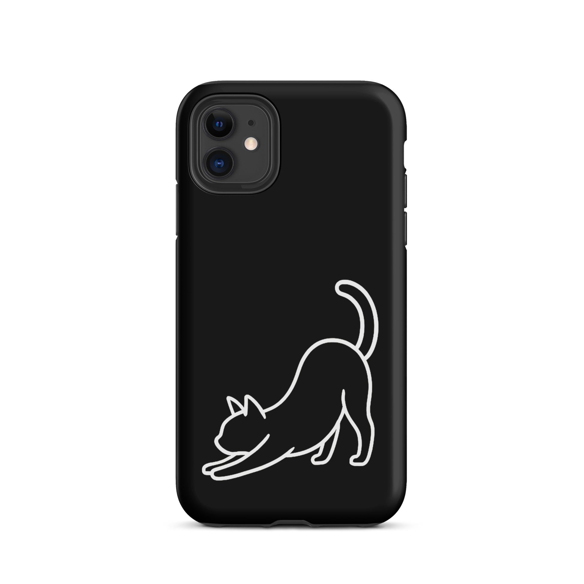 Phone Case with minimalist stretching cat design for iPhone, featuring sleek feline artwork and impact protection.