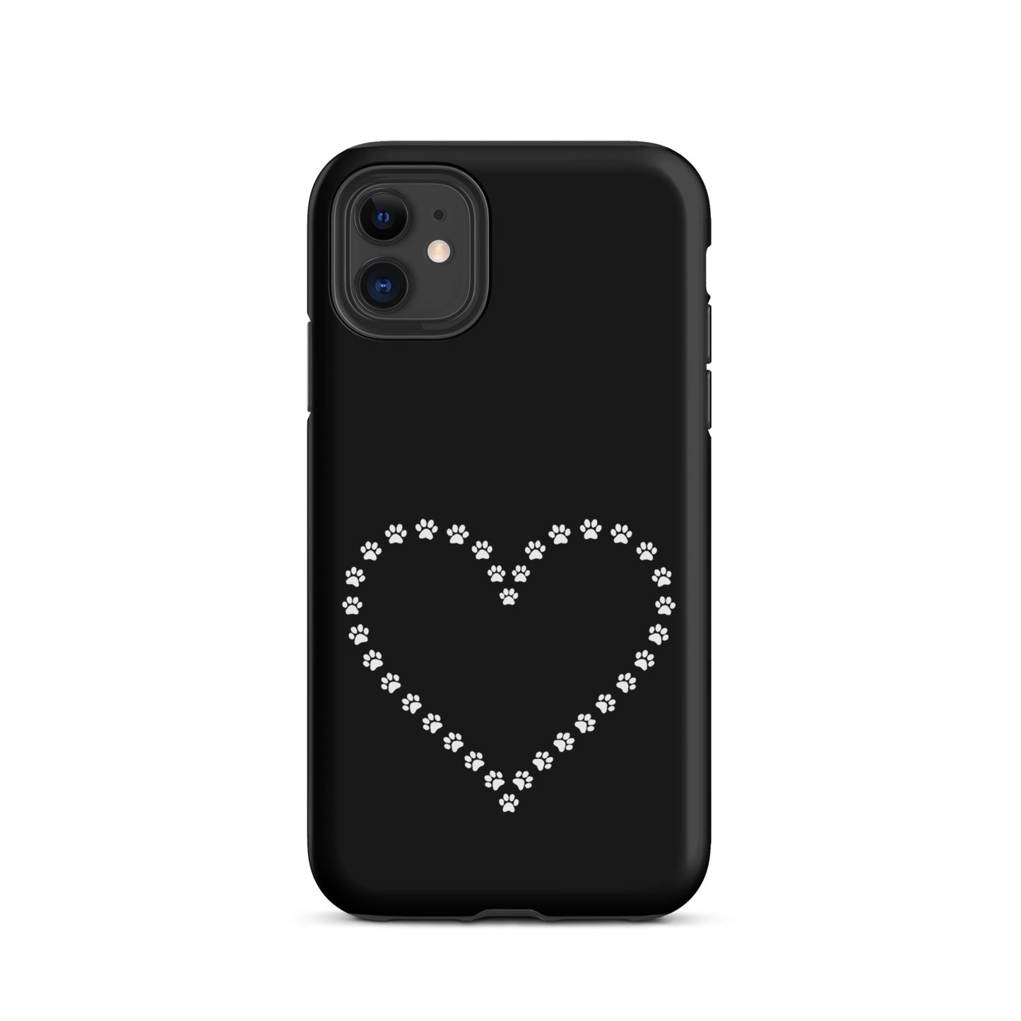 Phone Case for iPhone with cute paw print heart design for pet lovers, black background, suited for cat and dog enthusiasts.