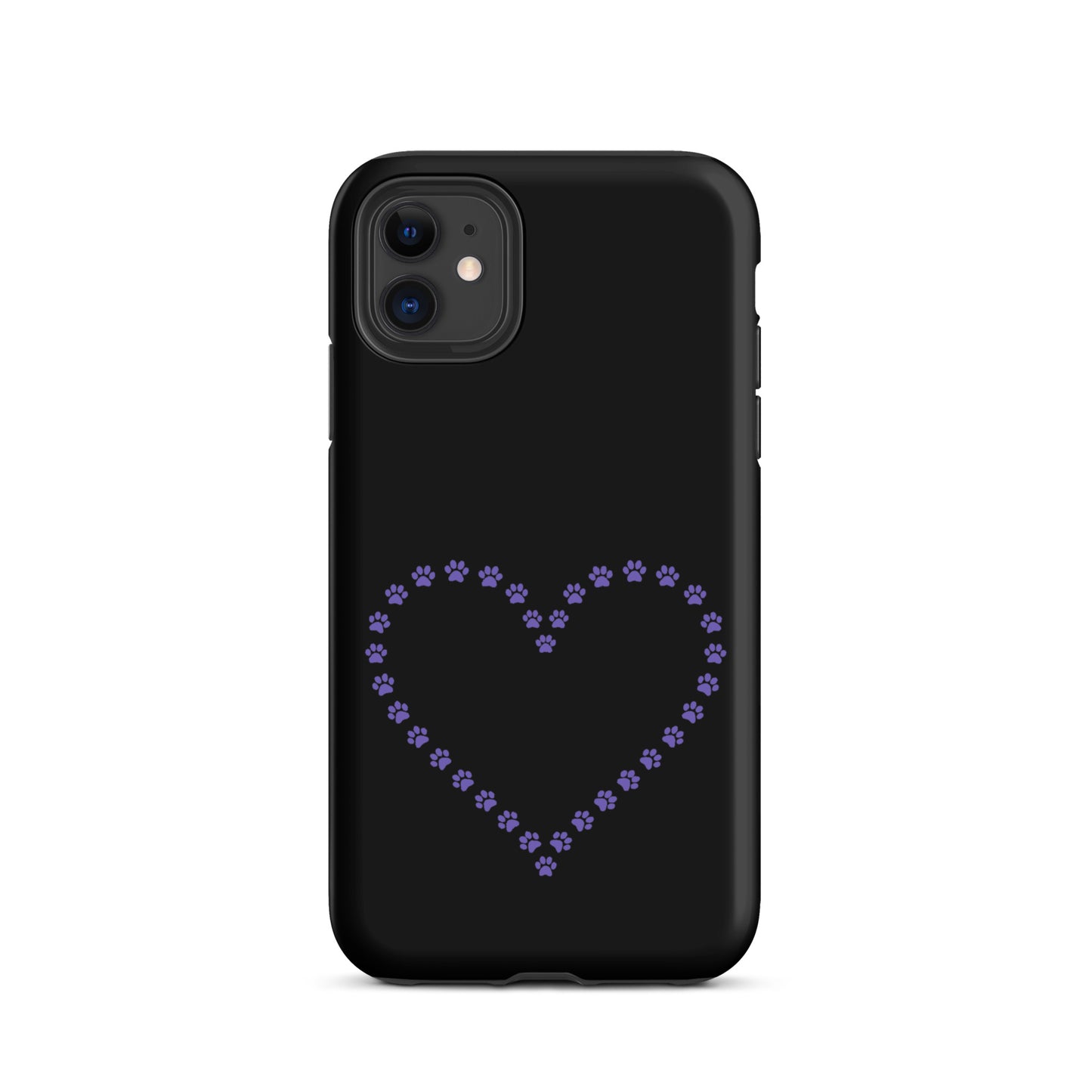 Phone Case with purple paw print heart design for pet lovers, fits iPhone, durable and protective.