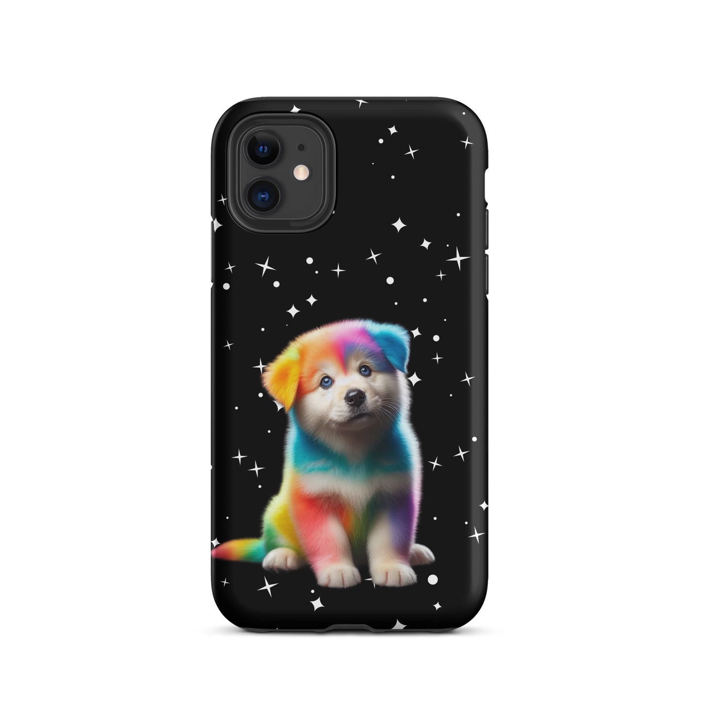 Phone Case with rainbow puppy design and starry night sky for iPhone, blending vibrant colors and cosmic charm.