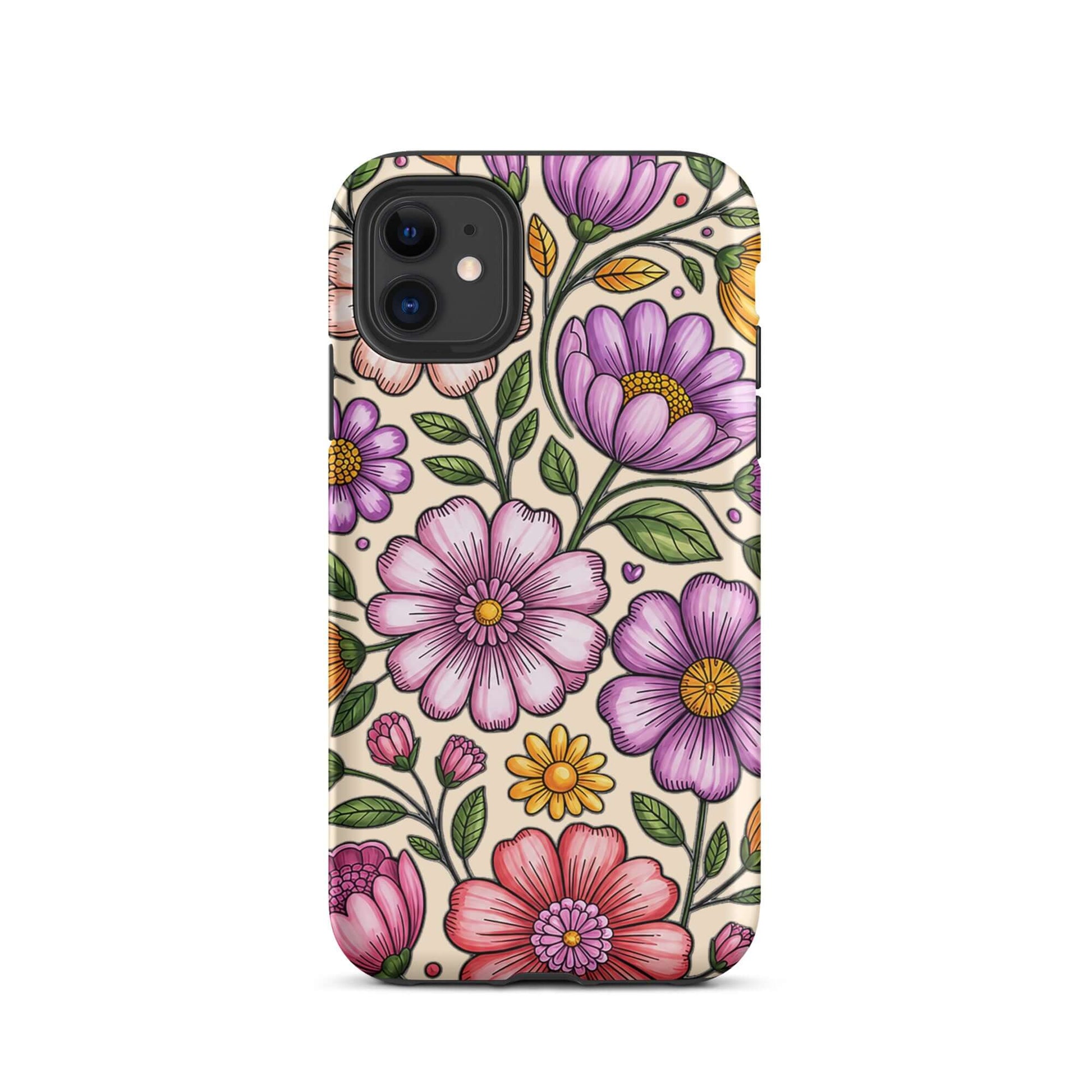 Phone Case for iPhone with pastel floral design, featuring pink, lavender, and yellow flowers on a protective shell.