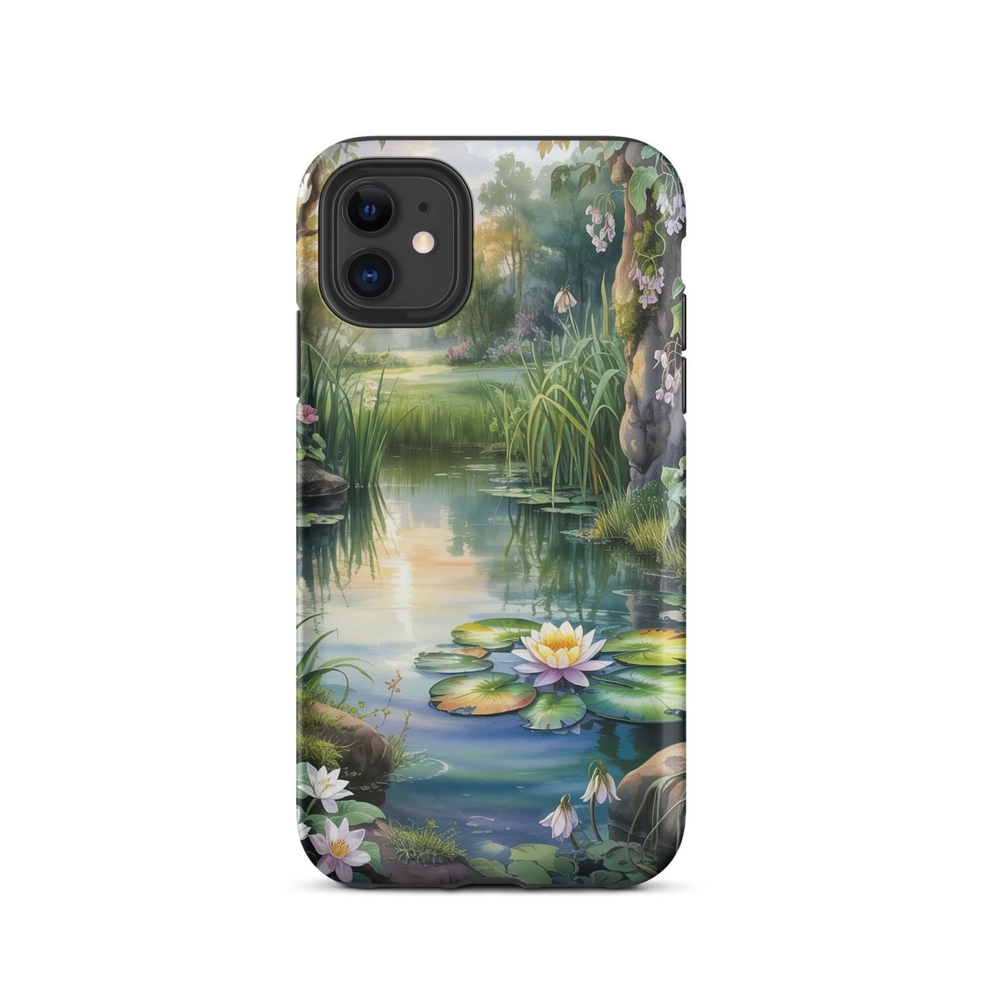Phone Case for iPhone with enchanted pond design featuring lily pad and sunset reflections.