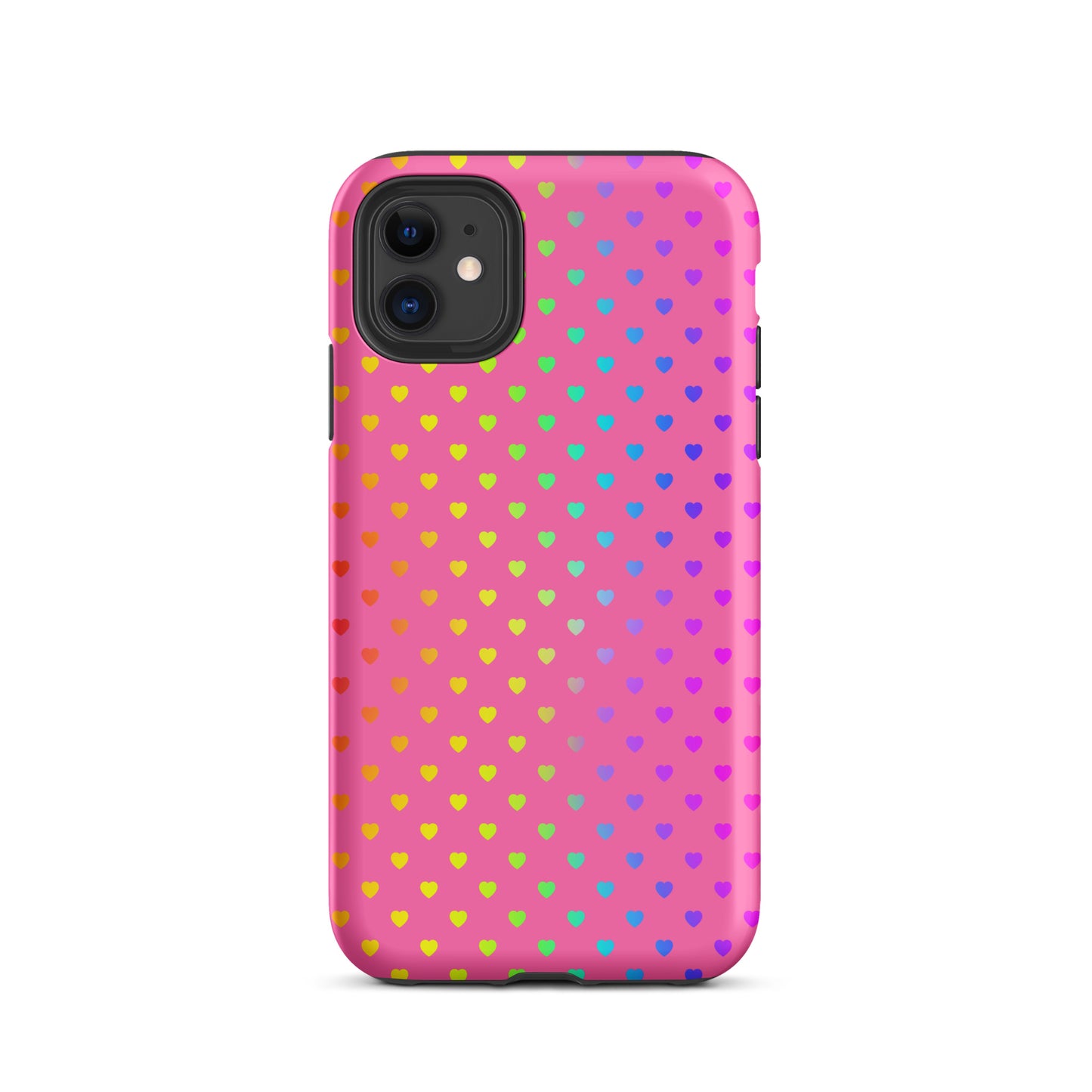 Phone Case for iPhone with cute rainbow hearts on pink background, colorful and protective design.