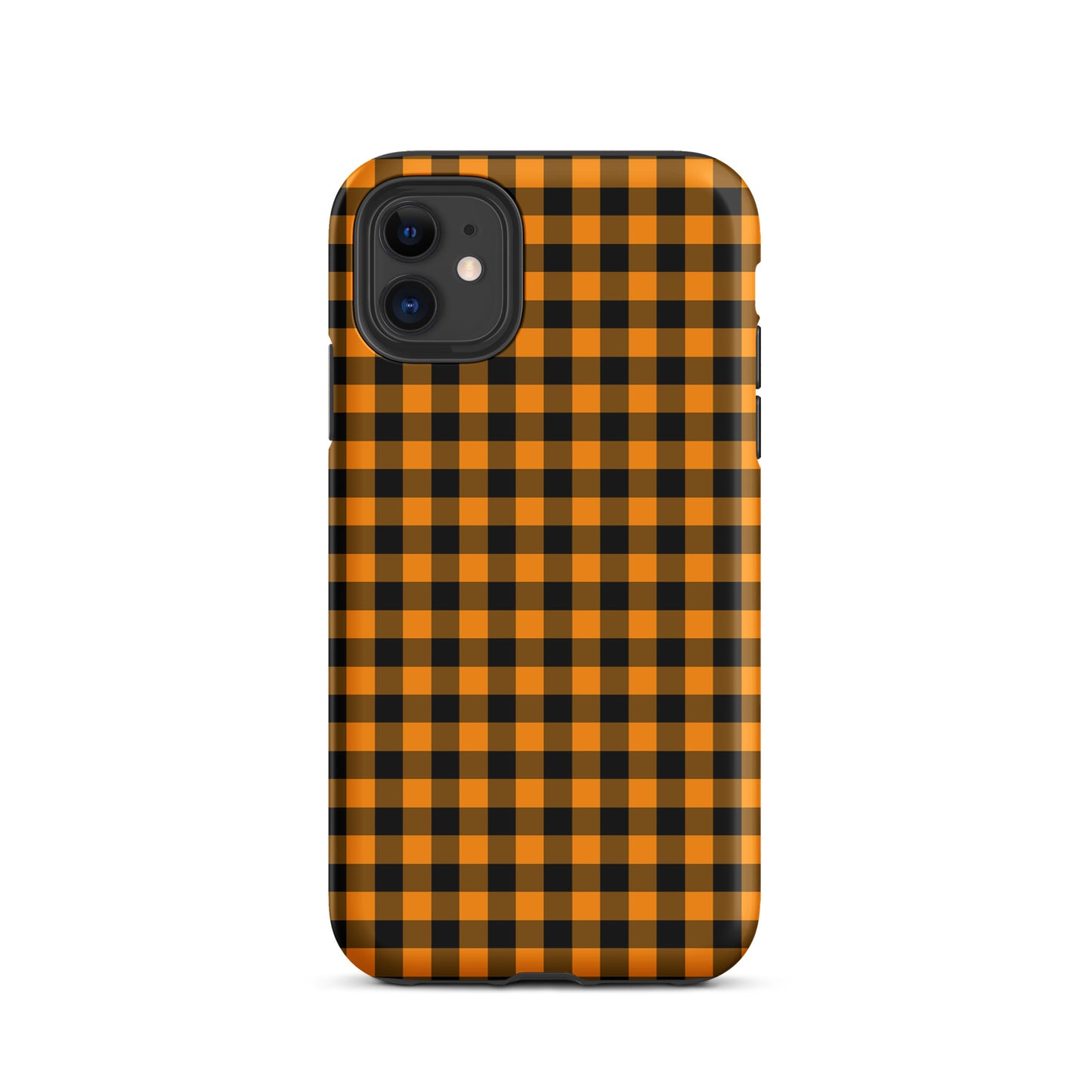 phone case with black-and-orange gingham autumn theme for iPhone