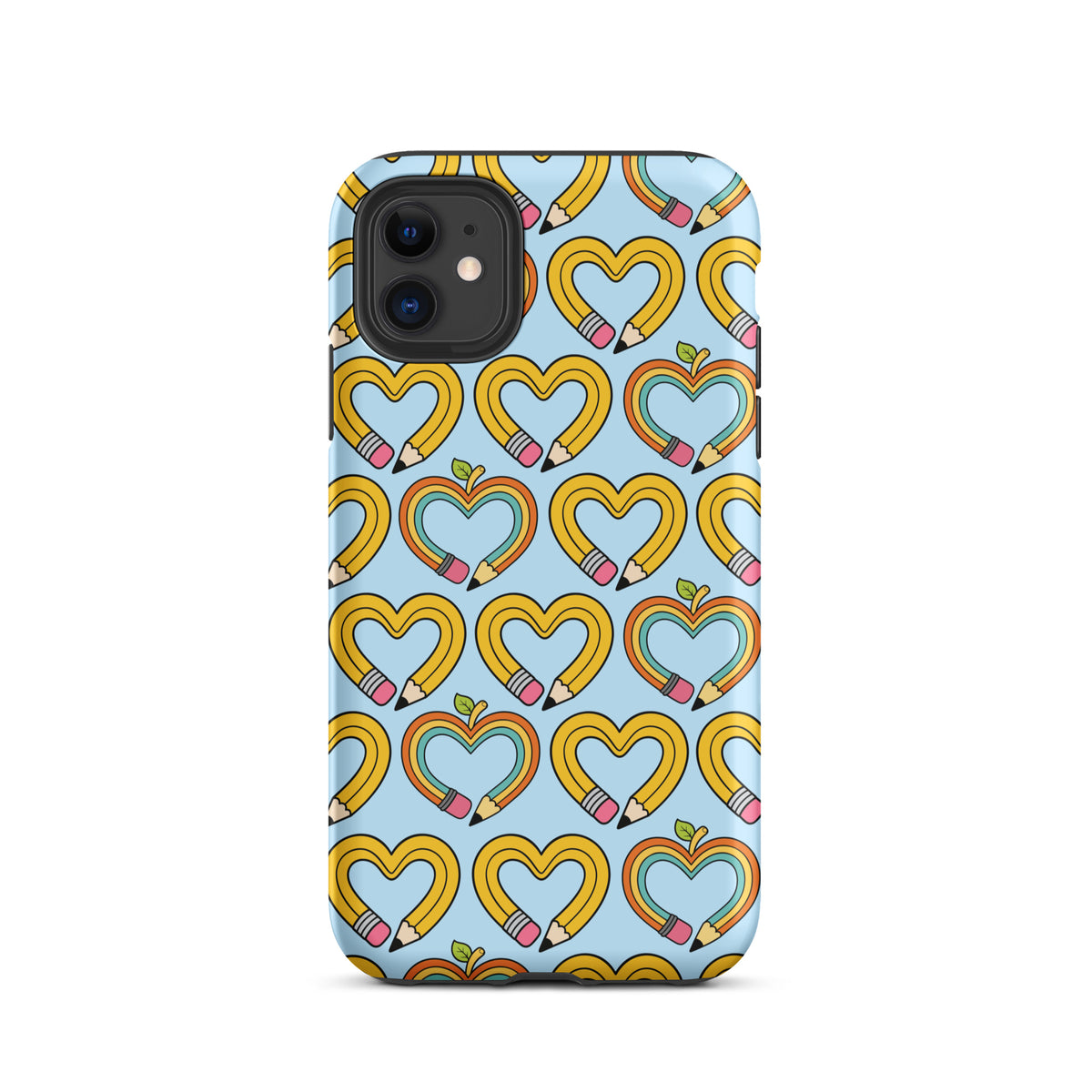 Phone Case of iPhone with playful pencil-heart pattern and green leaves symbolizing creativity and growth.