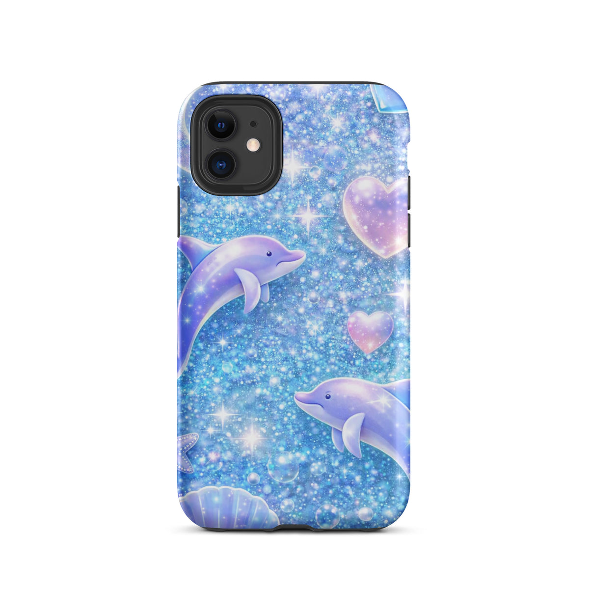 Phone Case featuring ocean glitter design with dolphins, moons, and shells, perfect for adding sparkle and fantasy to your iPhone.