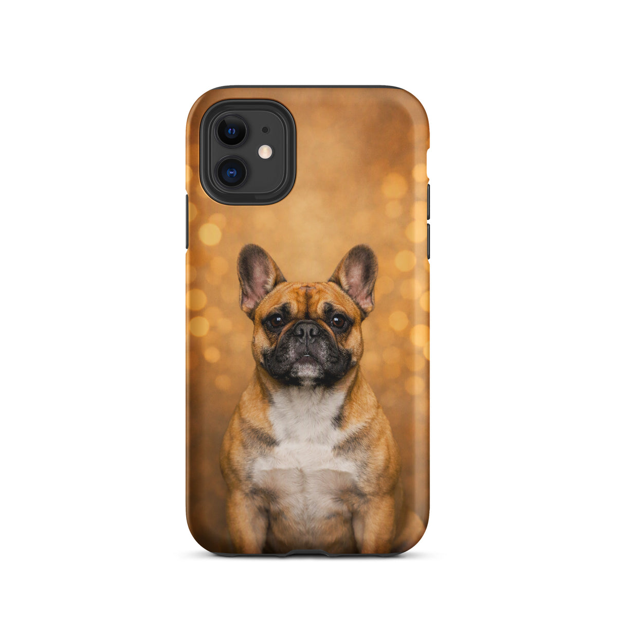 Phone Case for iPhone featuring French Bulldog portrait with golden bokeh background, Warm Glow Edition for dog lovers.