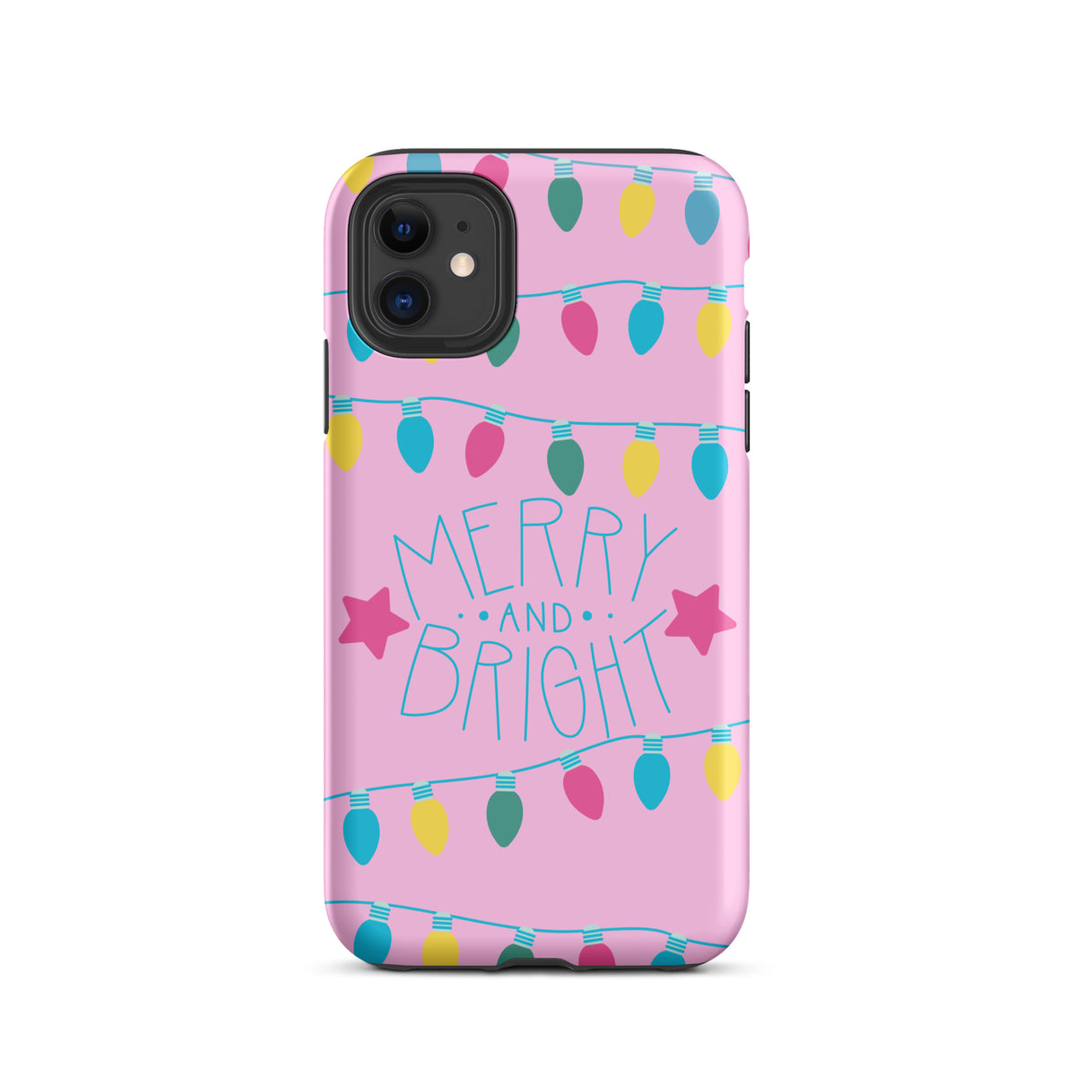 Phone Case for iPhone with Merry and Bright holiday lights on pink background, featuring colorful bulbs and stars.