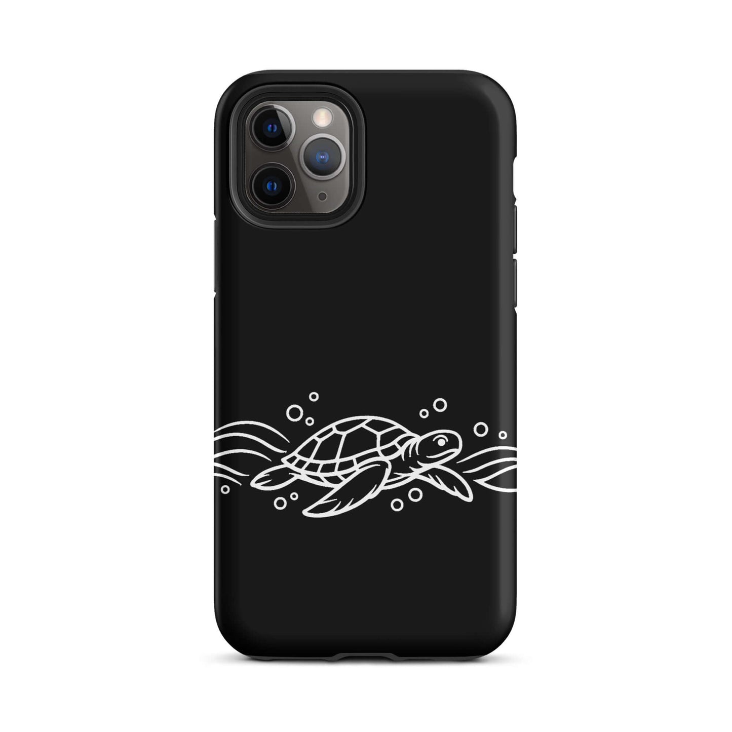 Phone Case featuring a minimalist sea turtle design with abstract waves and bubbles on a black background.