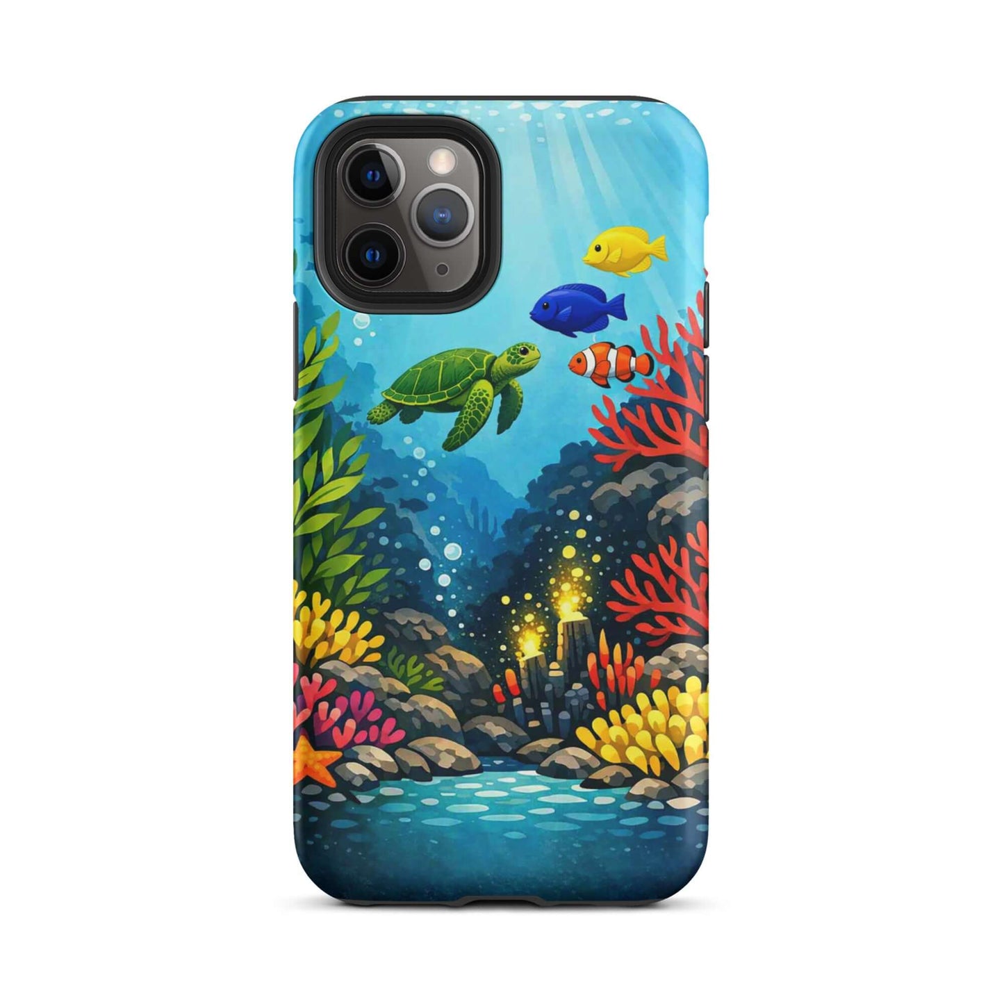 Phone case for iPhone featuring vibrant sea turtle and colorful coral reef design.