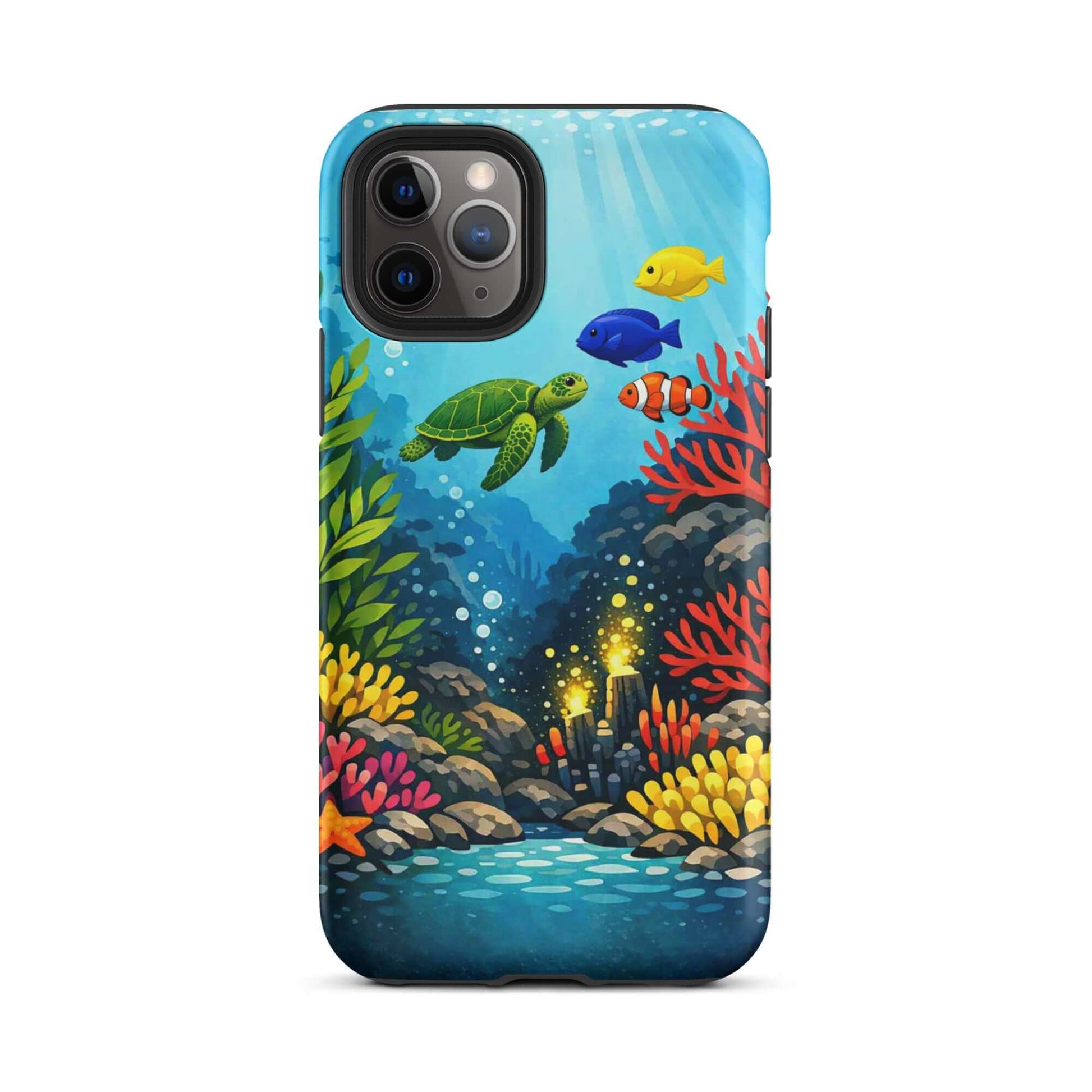 Phone case for iPhone featuring vibrant sea turtle and colorful coral reef design.