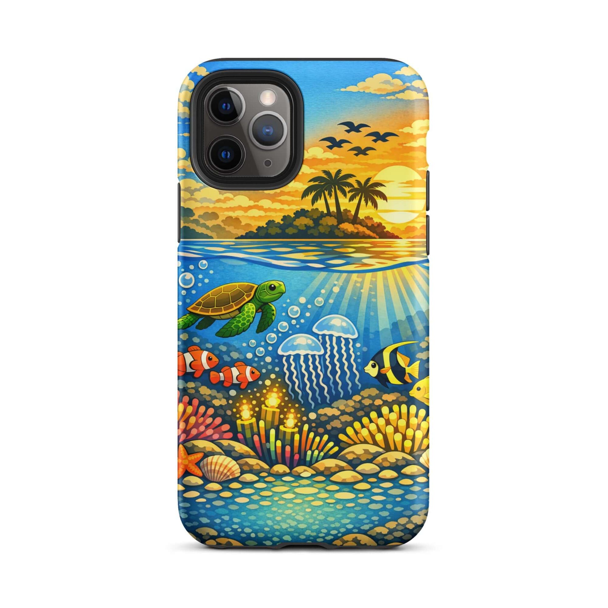 Phone Case featuring a tropical sunset and vibrant underwater reef with sea turtles and colorful fish.