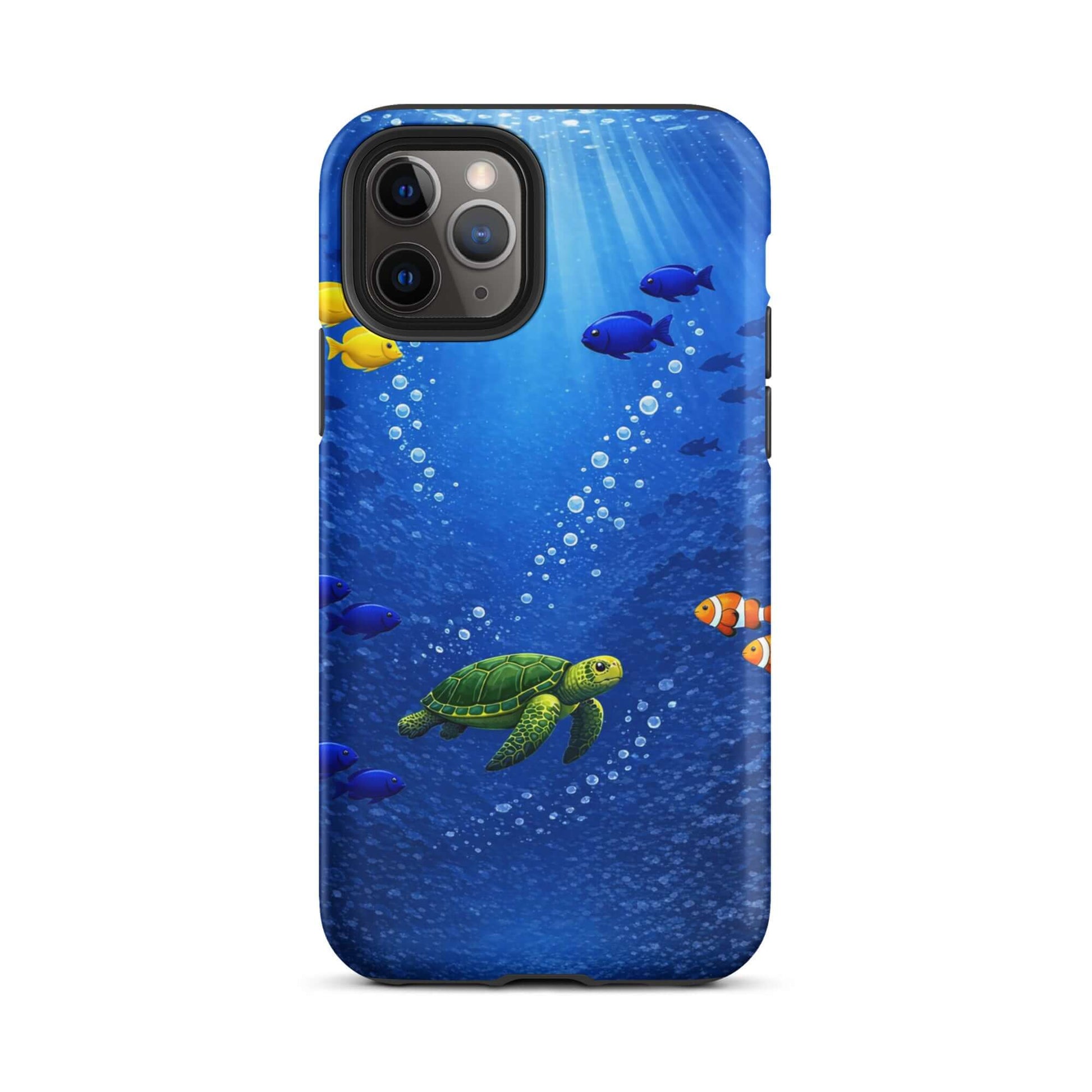Phone Case featuring a sea turtle design swimming among tropical fish in deep blue waters.