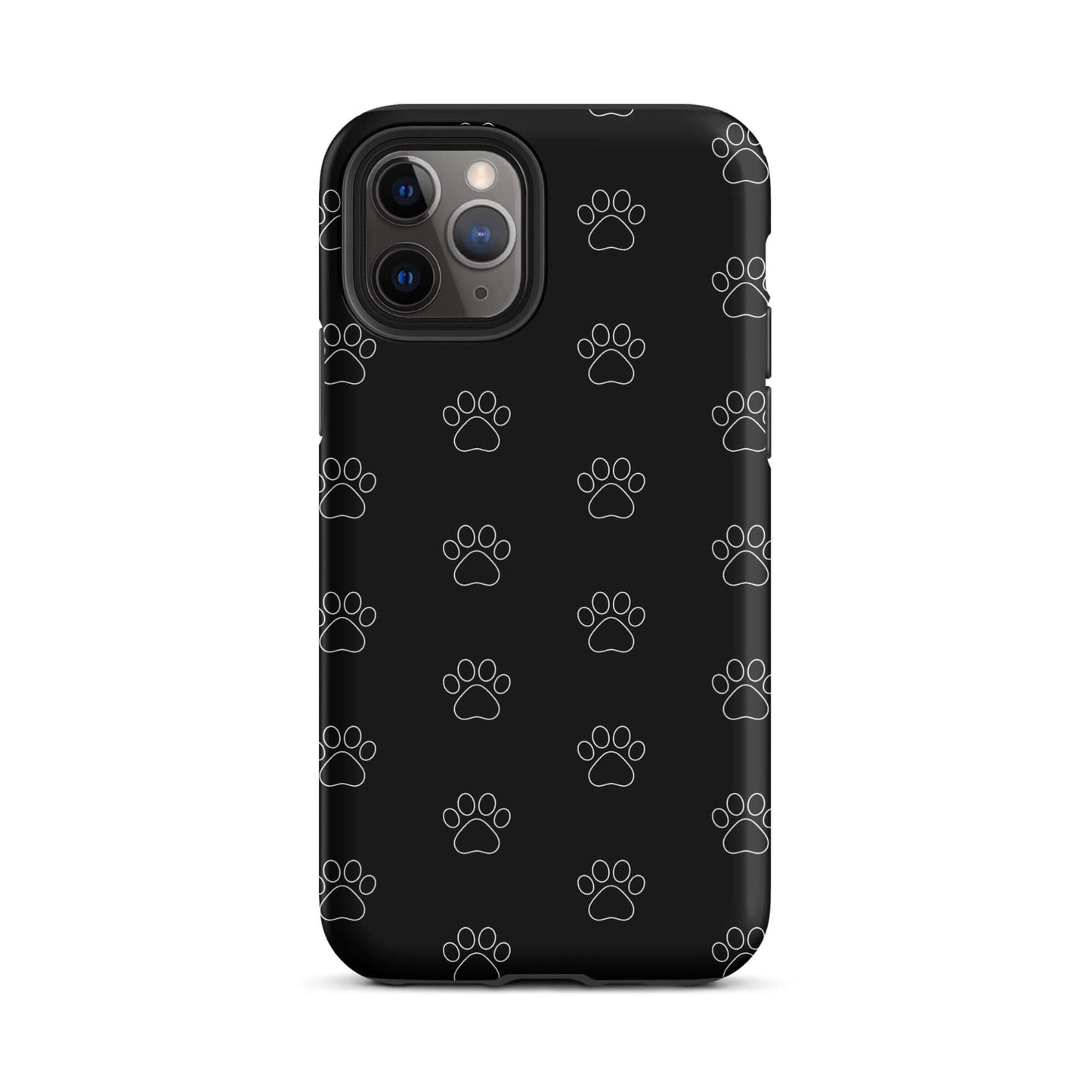 Phone Case for iPhone with playful paw print pattern on a black background, perfect for pet lovers.