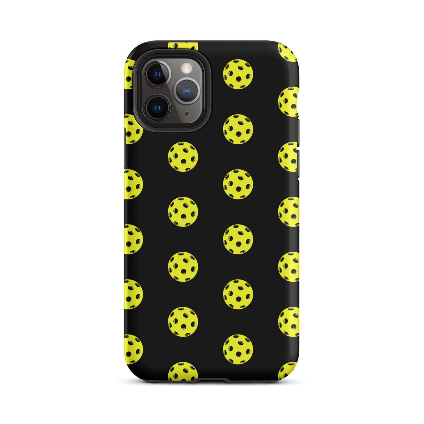 Phone Case featuring a playful pickleball pattern on a black background for sporty style.