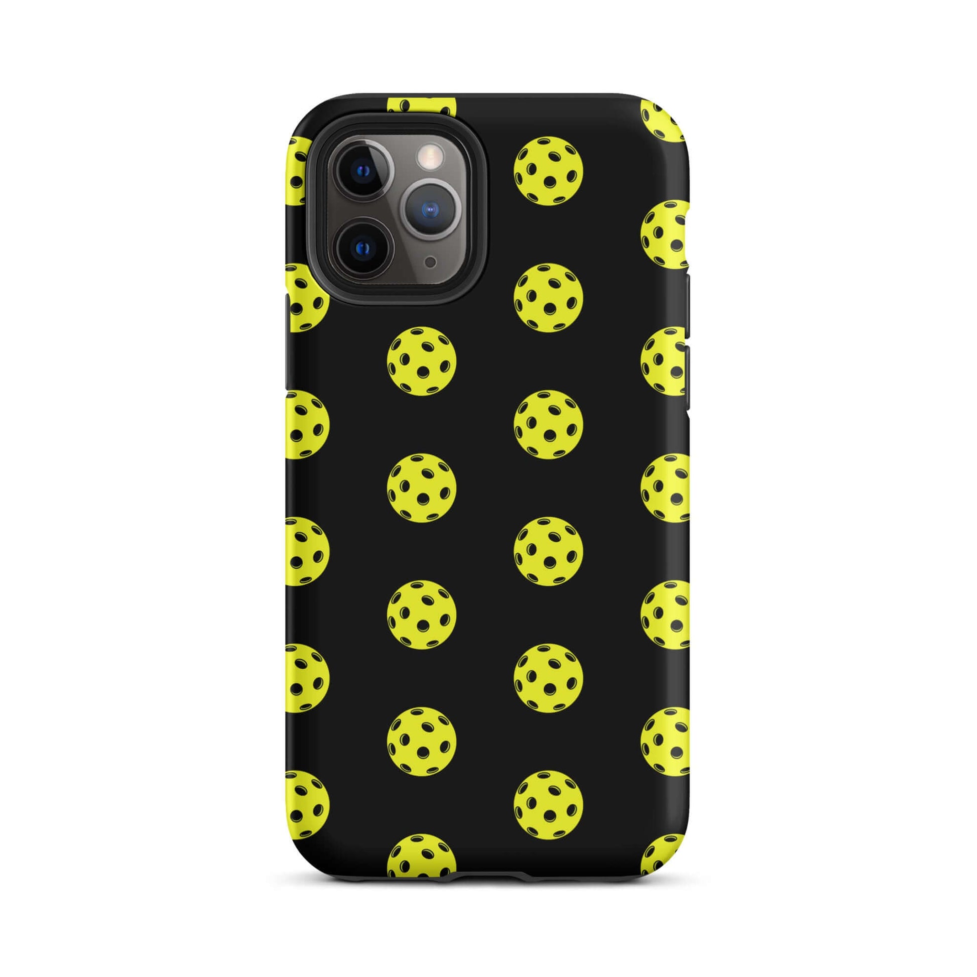 Phone Case featuring a playful pickleball pattern on a black background for sporty style.