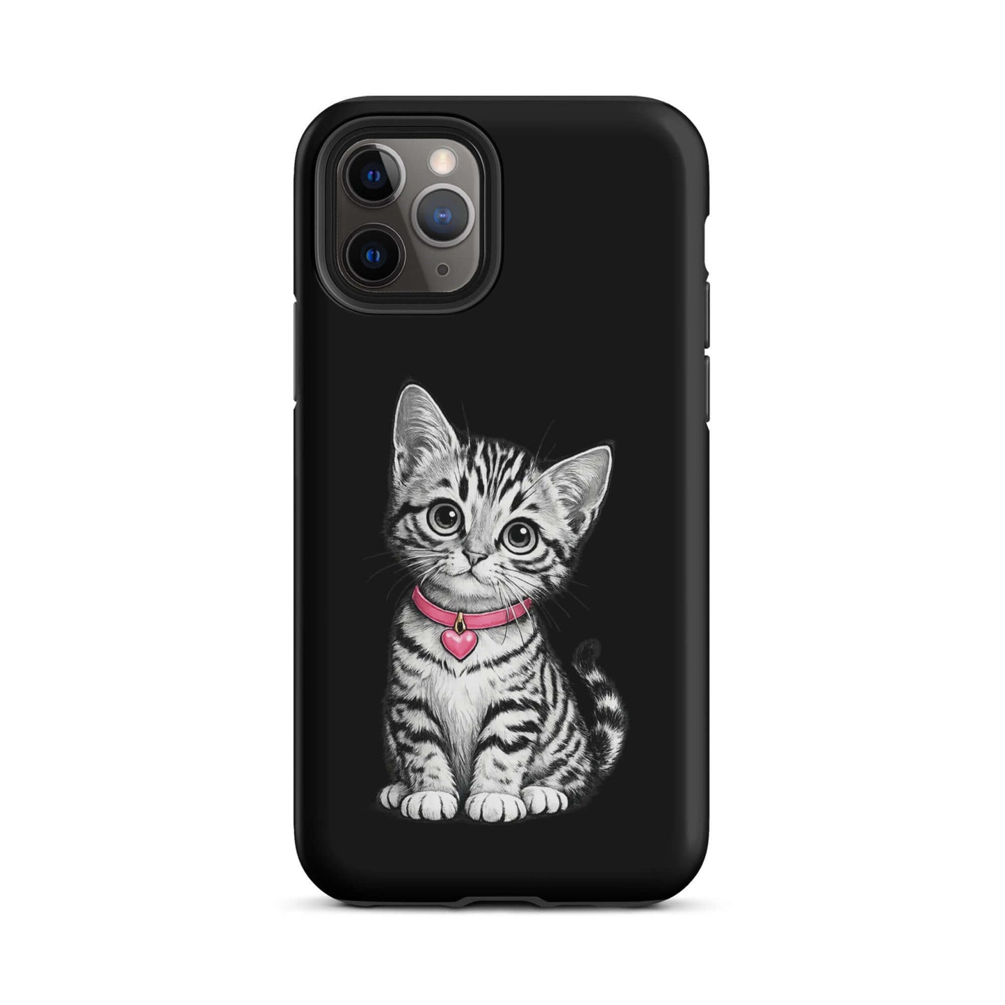 Phone Case with pencil sketch kitten and pink heart charm for iPhone, featuring detailed black-and-white art and charming kitten design.