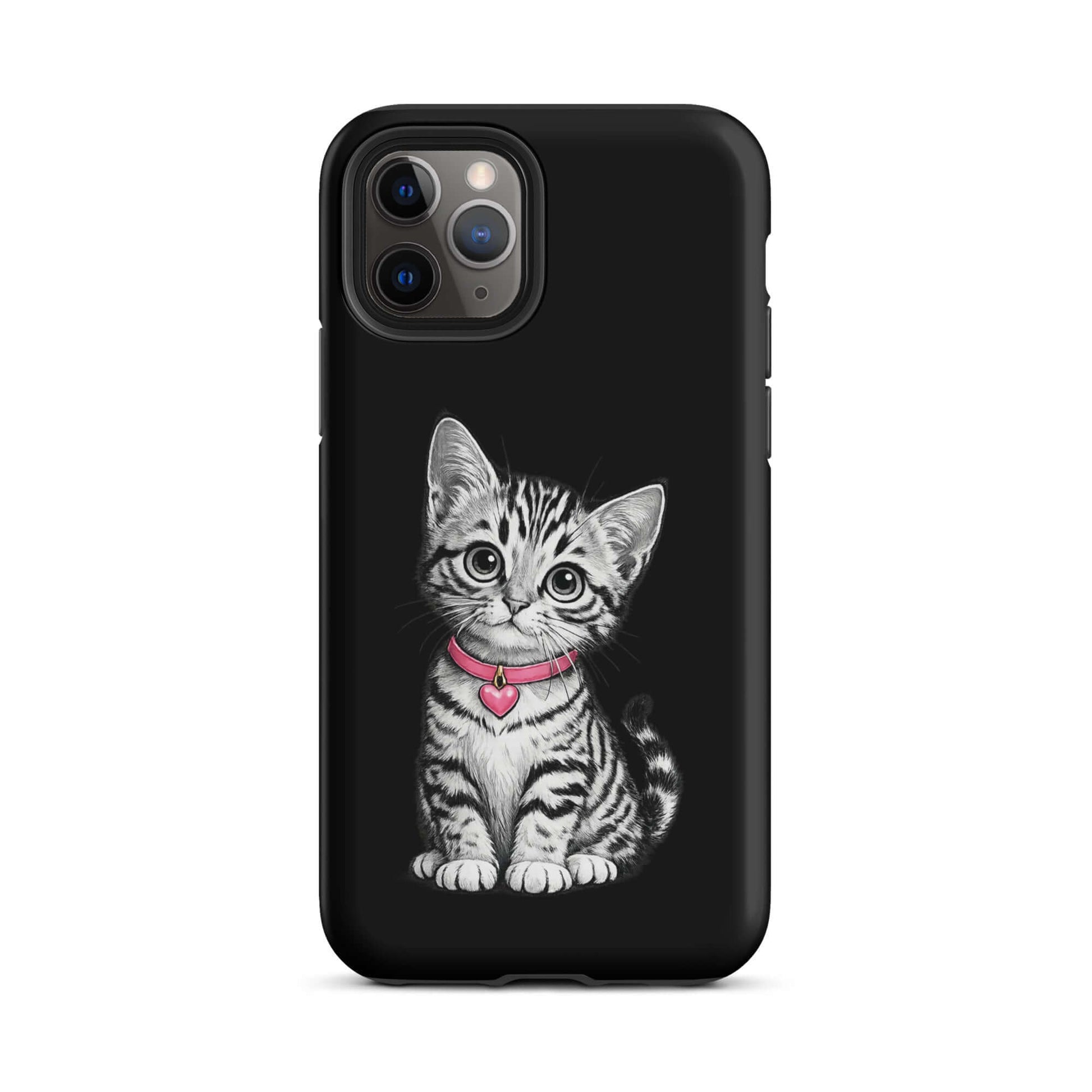 Phone Case with pencil sketch kitten and pink heart charm for iPhone, featuring detailed black-and-white art and charming kitten design.