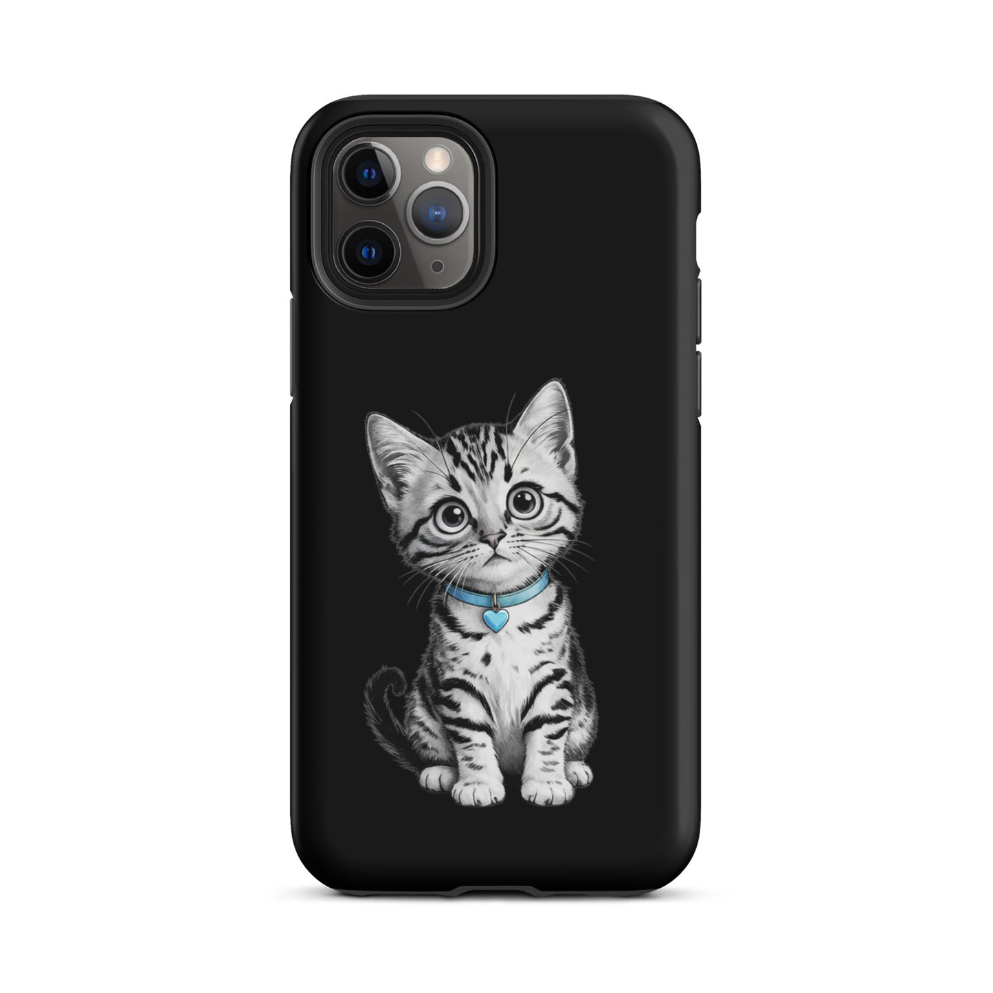 Phone Case for iPhone with kitten sketch and blue heart charm on black background
