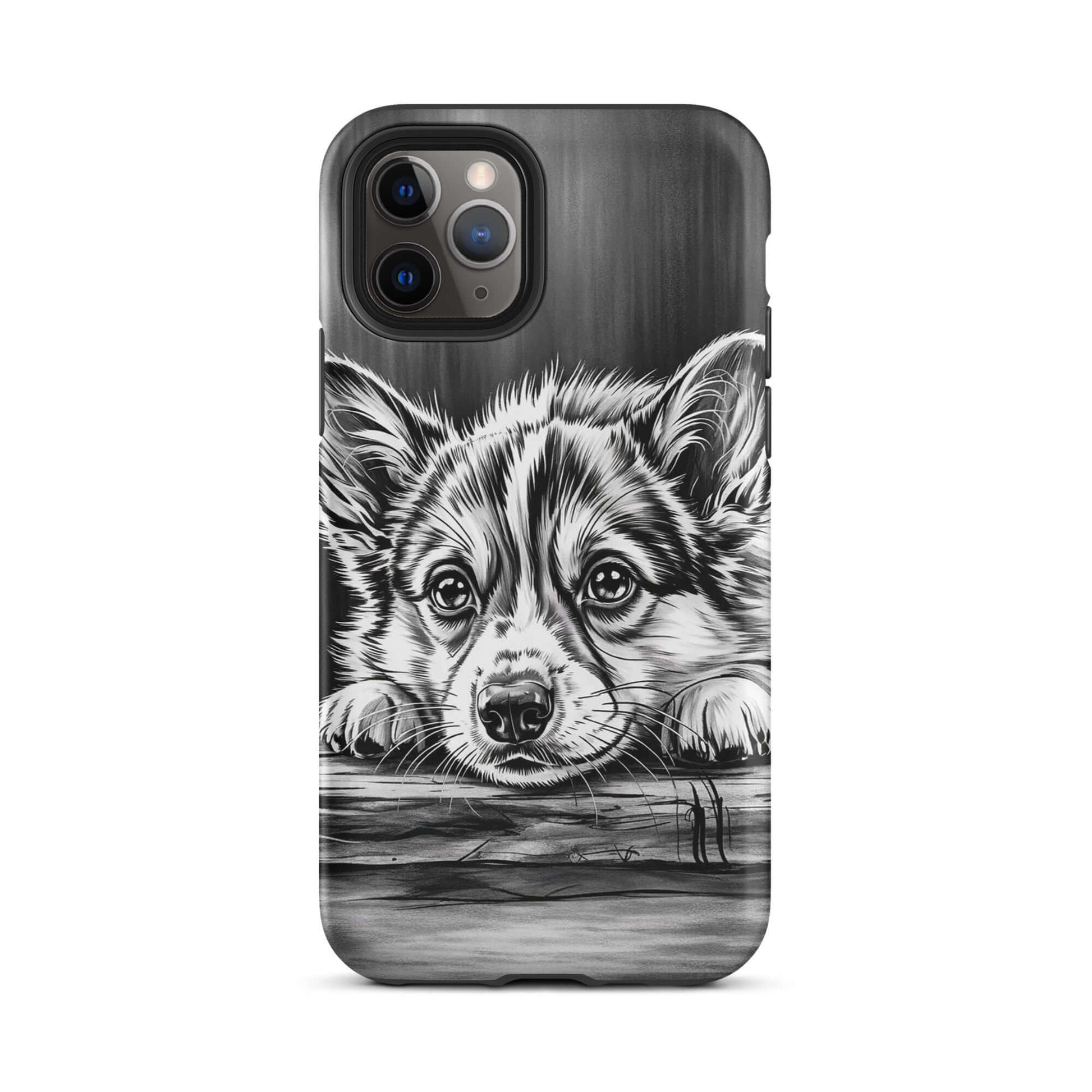 Phone Case with black-and-white puppy art on aged wood design for iPhone, combining elegance and protection