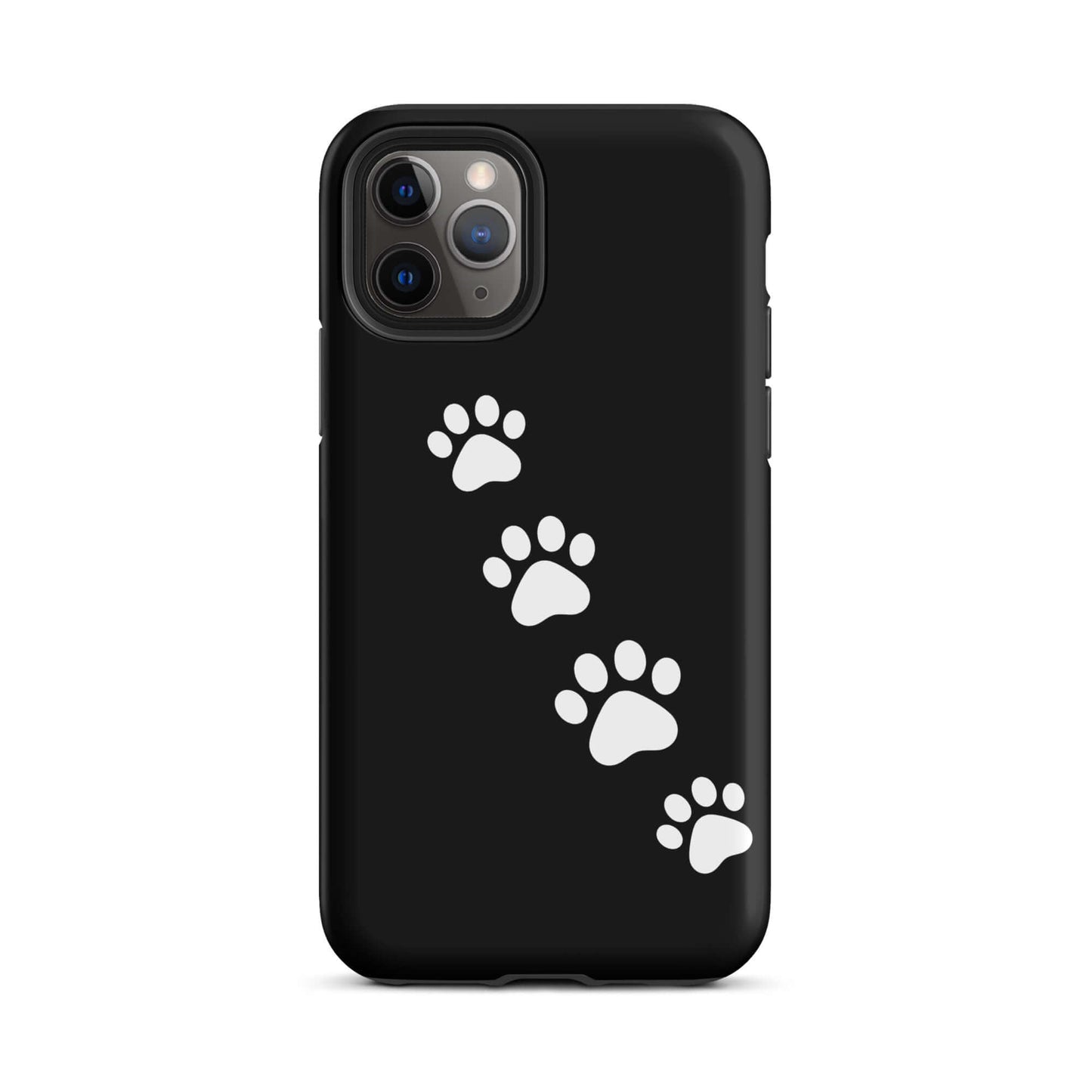 Phone case with playful paw-print trail design for pet lovers, featuring white paw prints on a sleek background for iPhone.