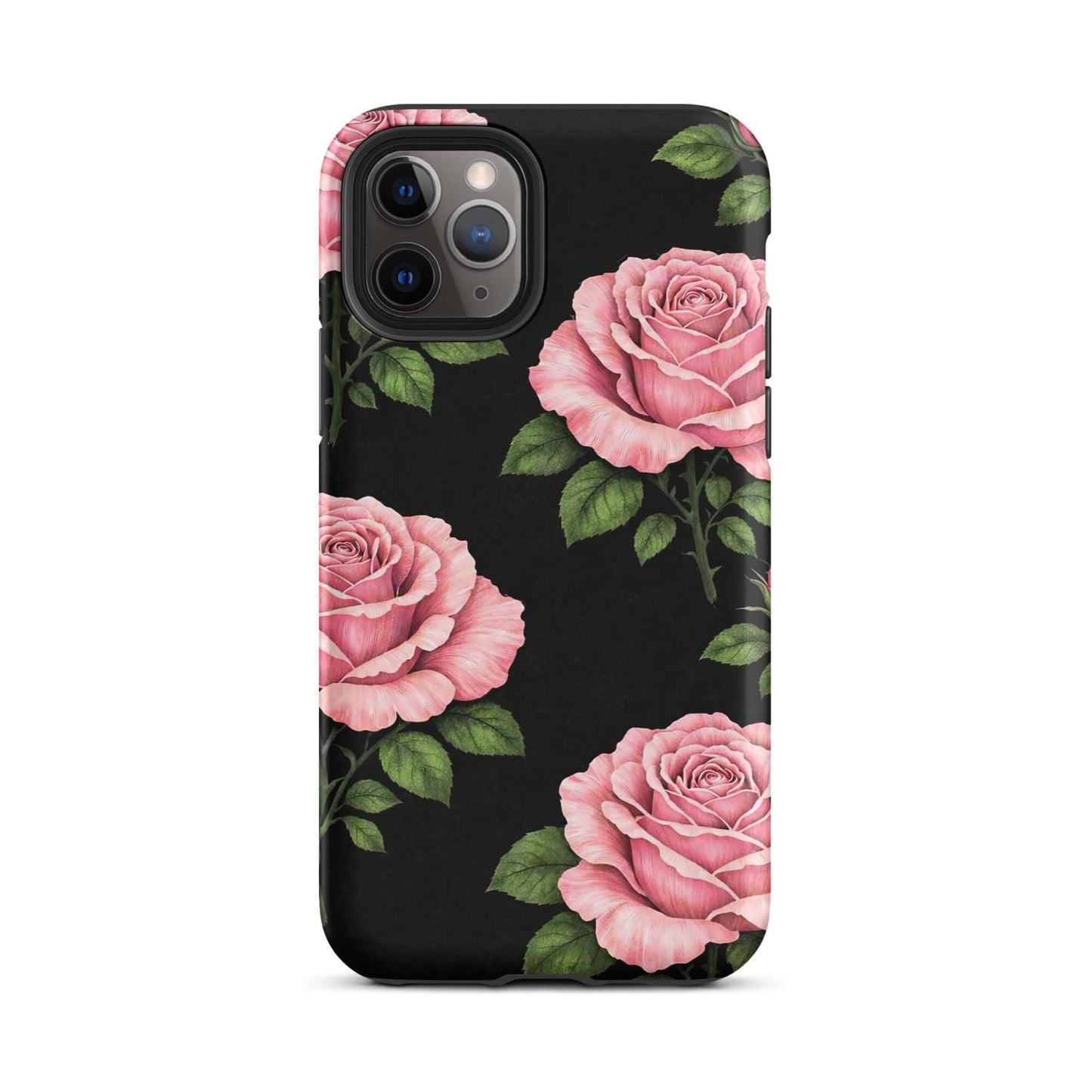 Phone Case for iPhone with pink rose garden design on black background.