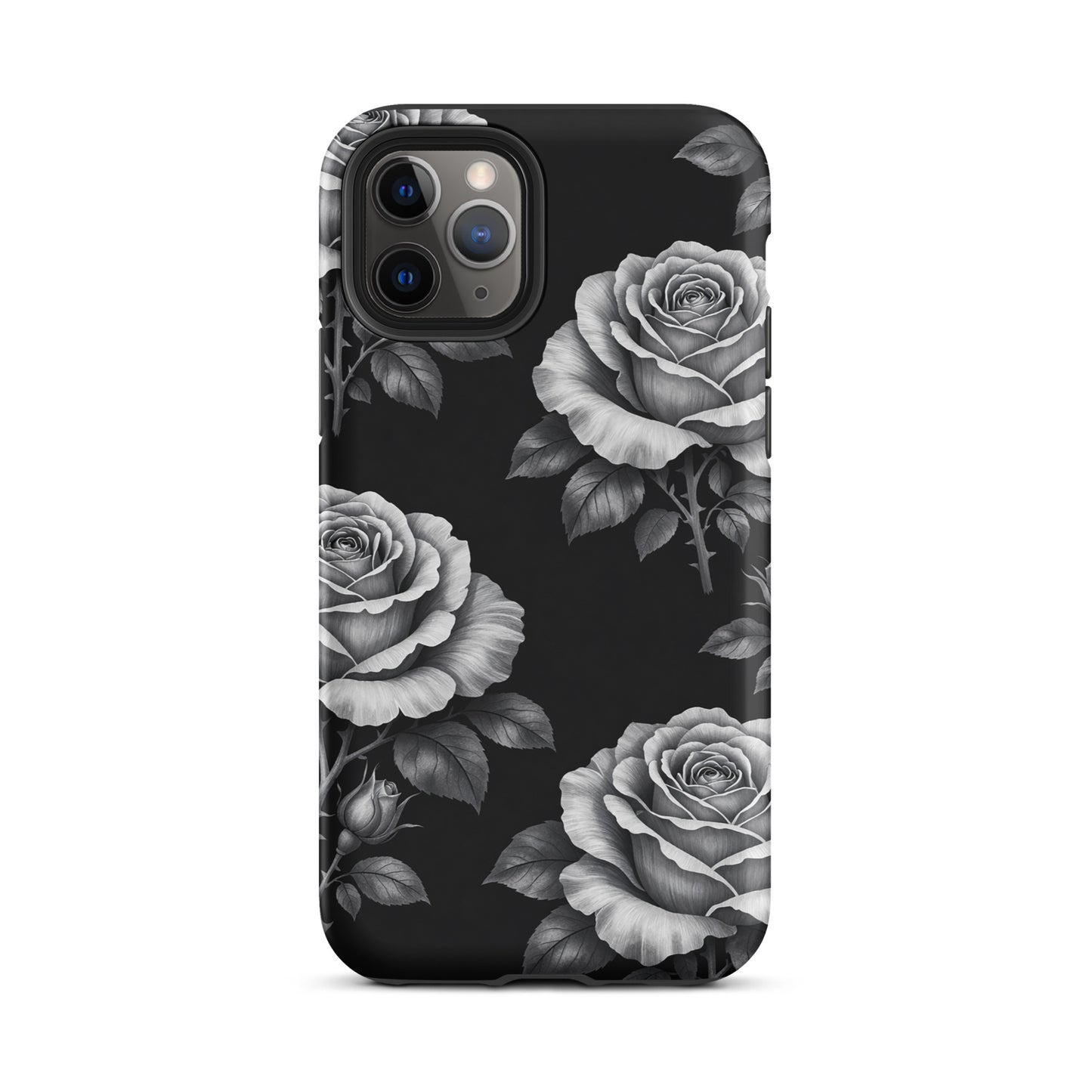 Phone Case for iPhone with rose garden pattern on black background, featuring hand-sketched style roses and lush leaves.