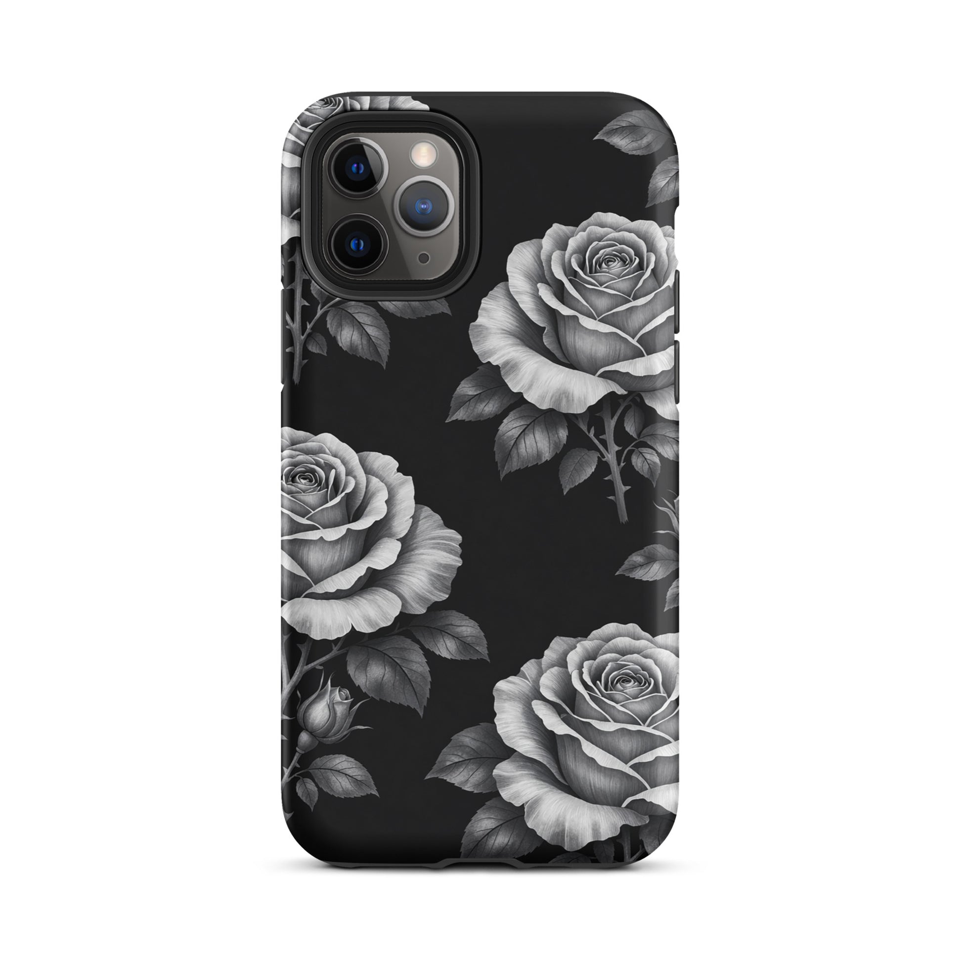 Phone Case for iPhone with rose garden pattern on black background, featuring hand-sketched style roses and lush leaves.